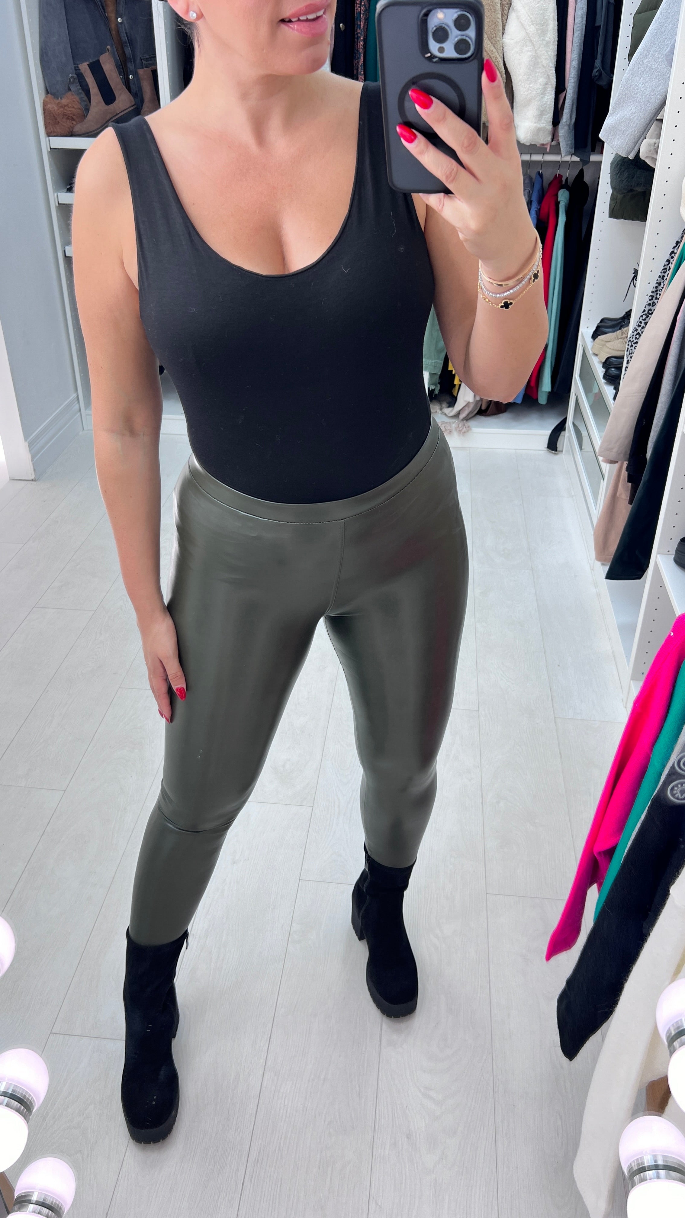 Keats Khaki Faux Leather Look Leggings