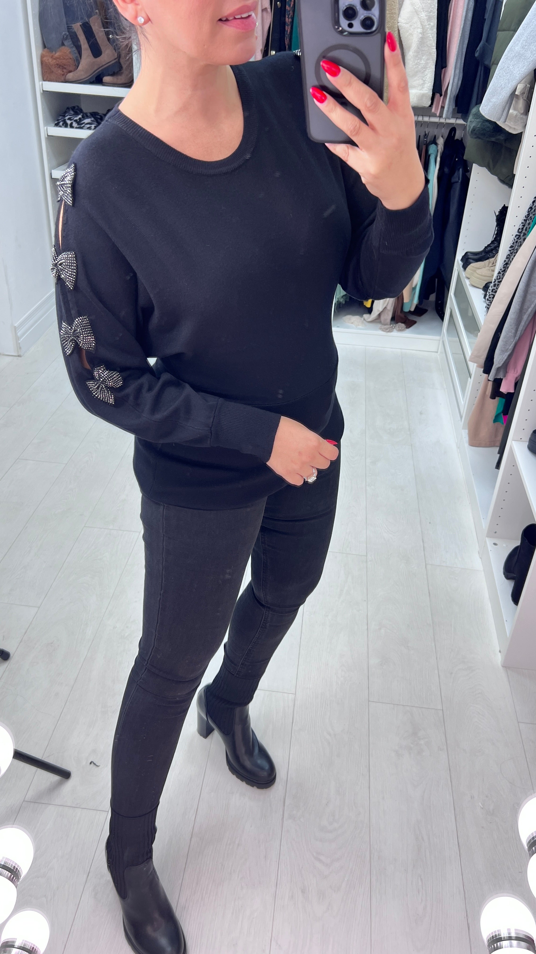 Rizz Diamante Bow Sleeve Detailed Knit Jumper