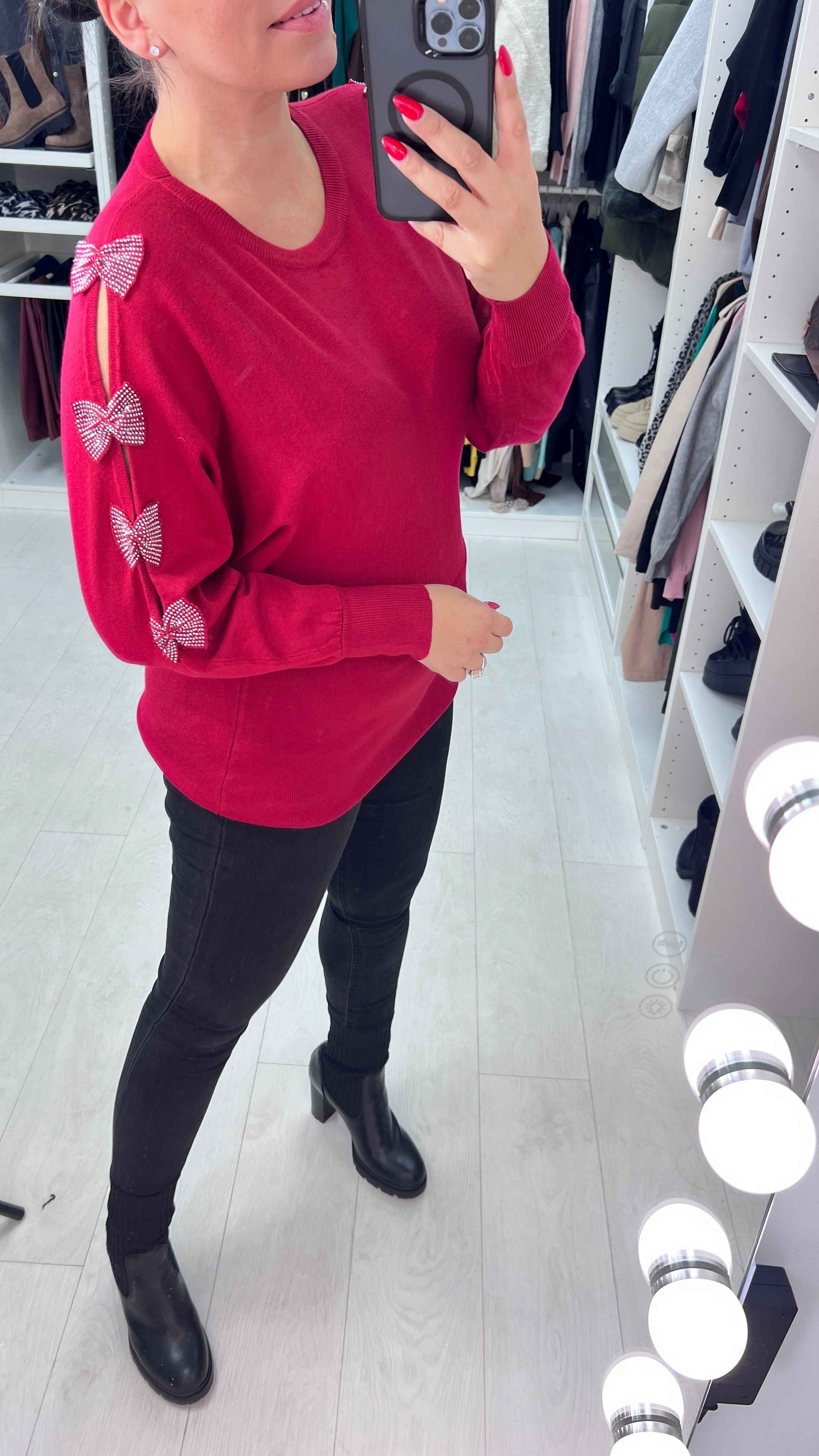 Rizz Diamante Bow Sleeve Detailed Knit Jumper