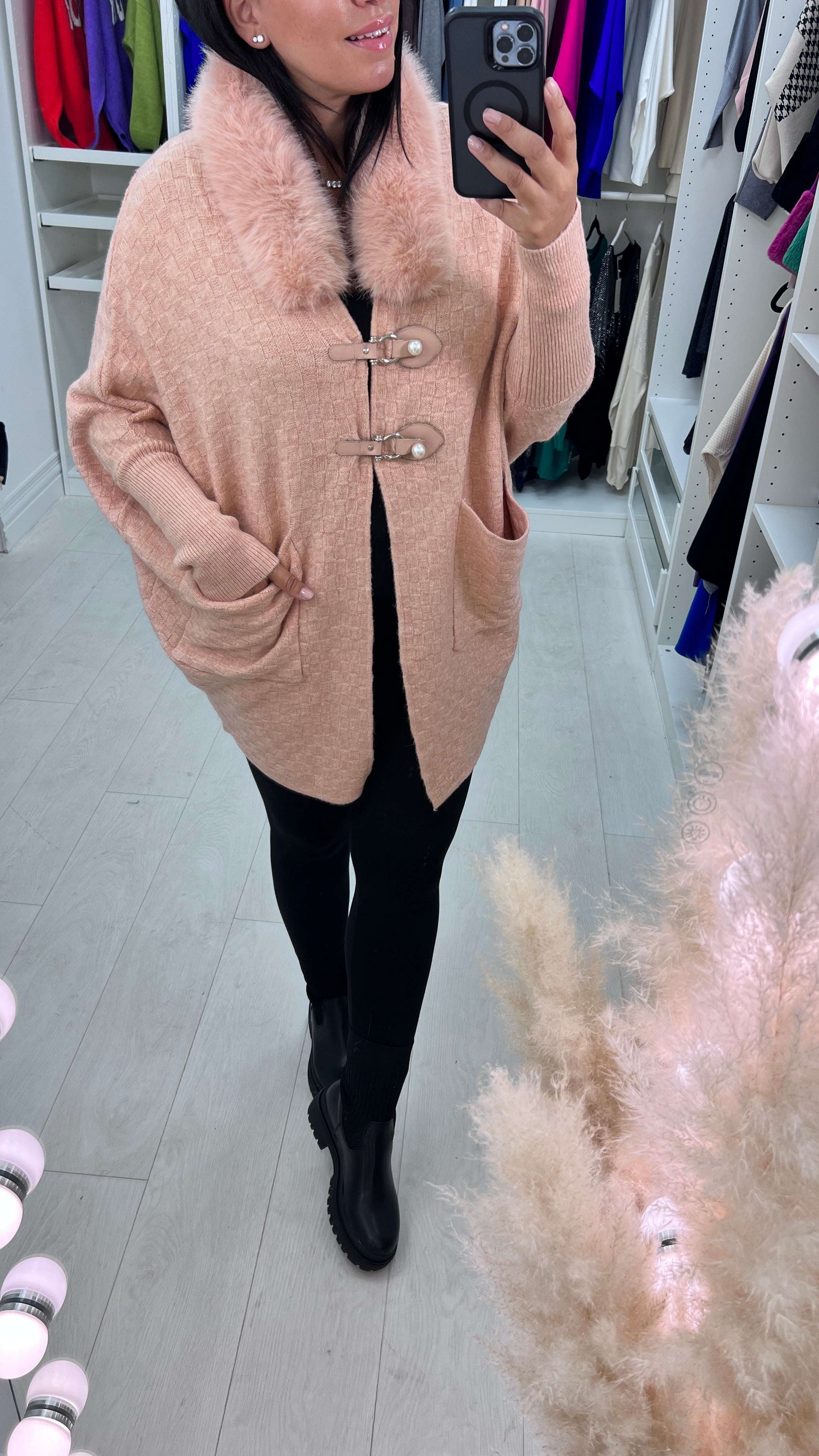 Samson Faux Fur Neck Crosshatch Detail Cardigan