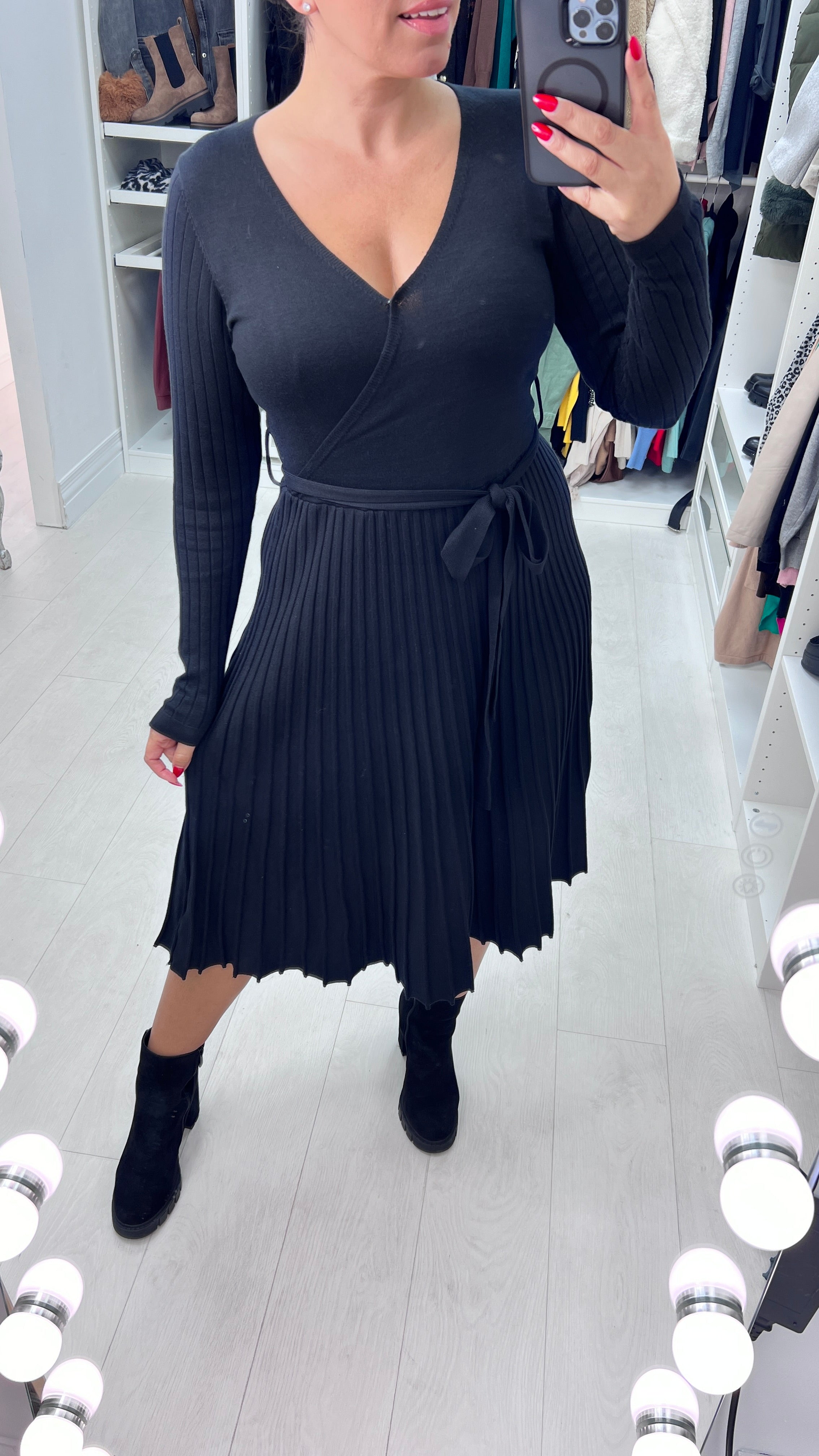 Scarlie Knitted Plain Pleat Swing Wrap Dress