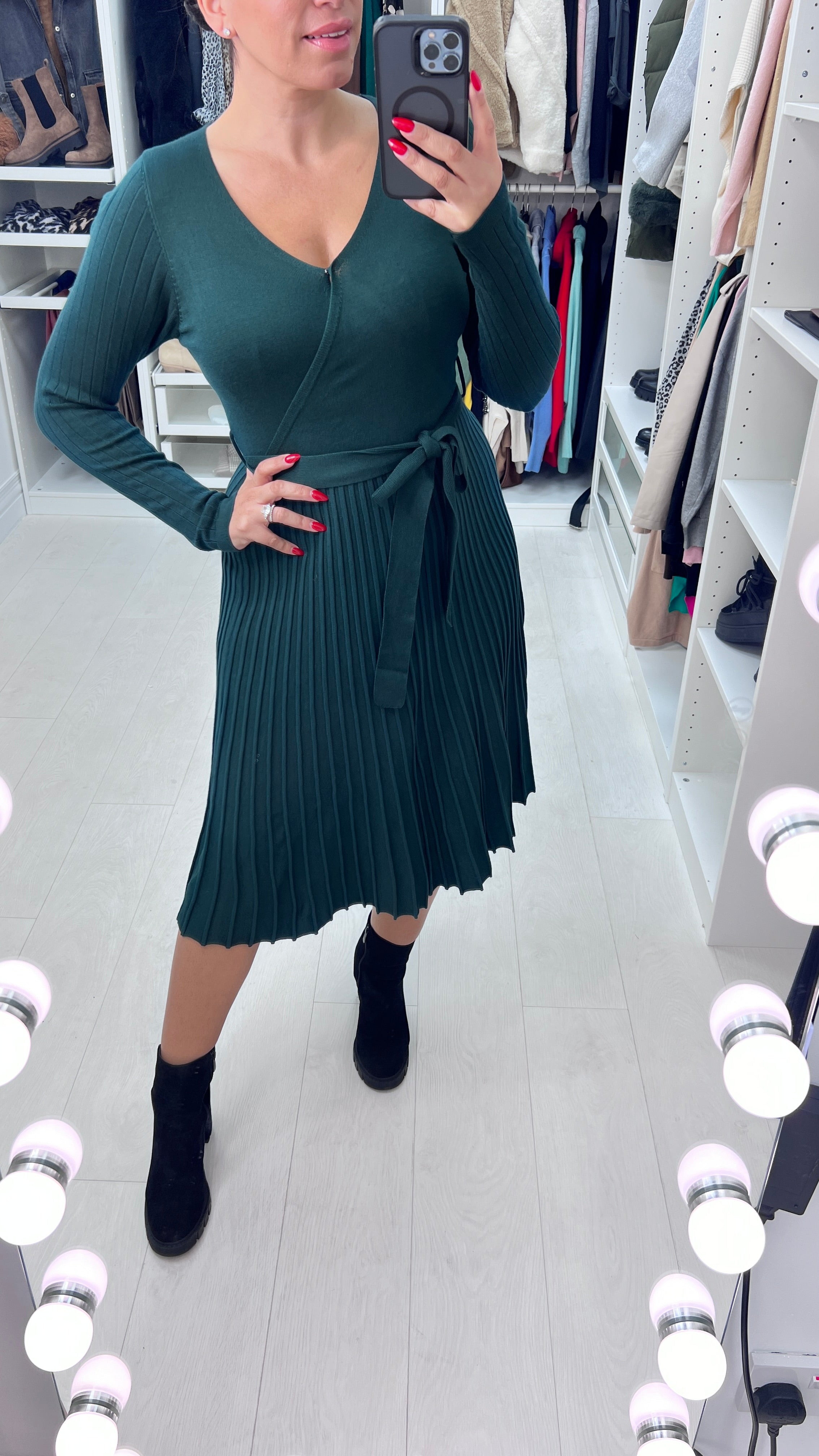 Scarlie Knitted Plain Pleat Swing Wrap Dress