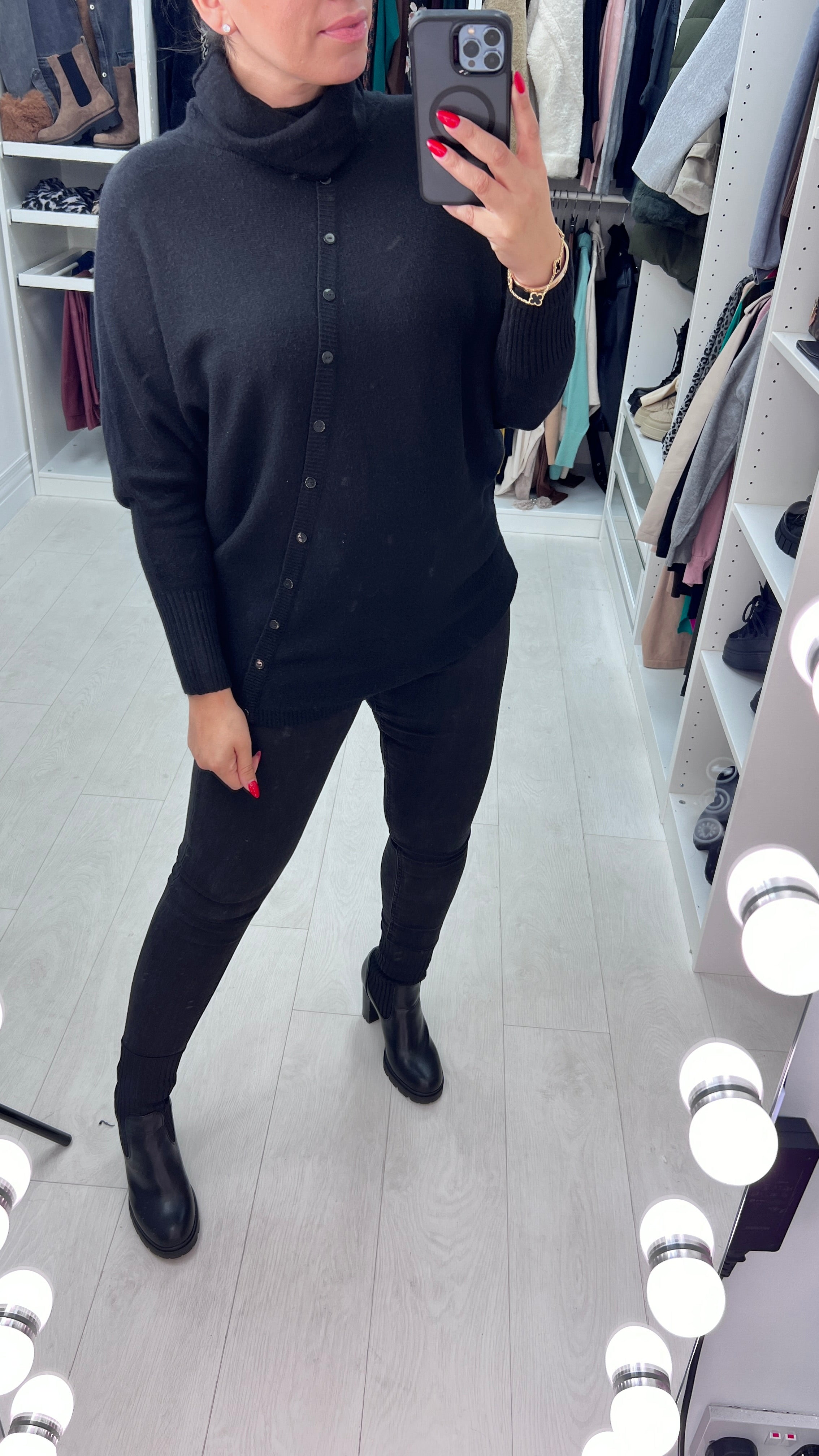 Selda Asymmetric Button Detailed Roll Neck Knit Jumper