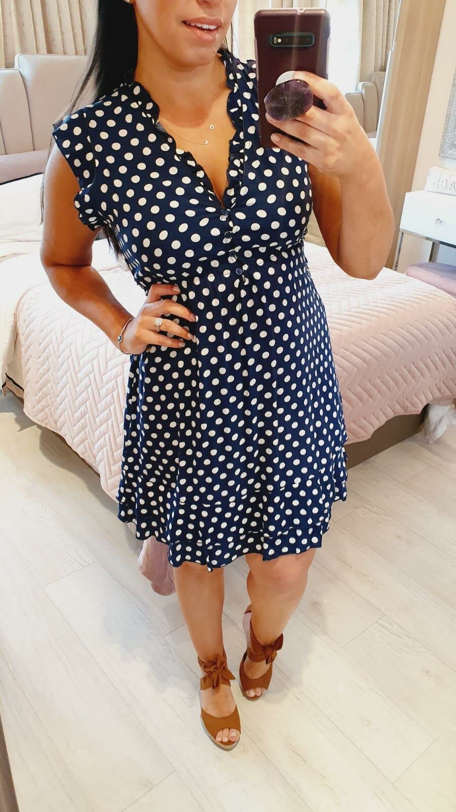 Ascot Navy Polka Dot Frill Sleeve Tie Waist Dress
