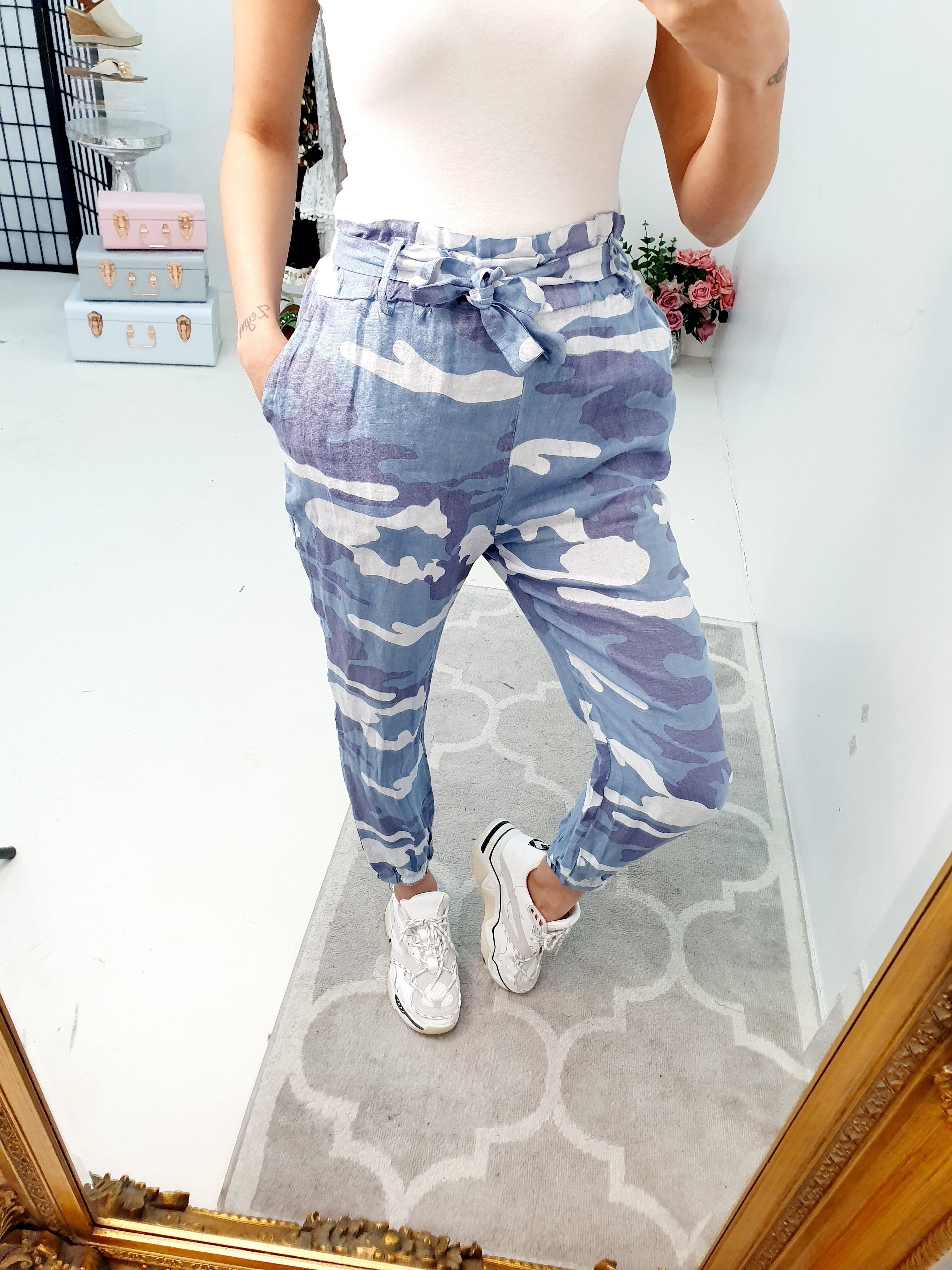 Paigey Camo Linen Paperbag Tie Waist Trousers