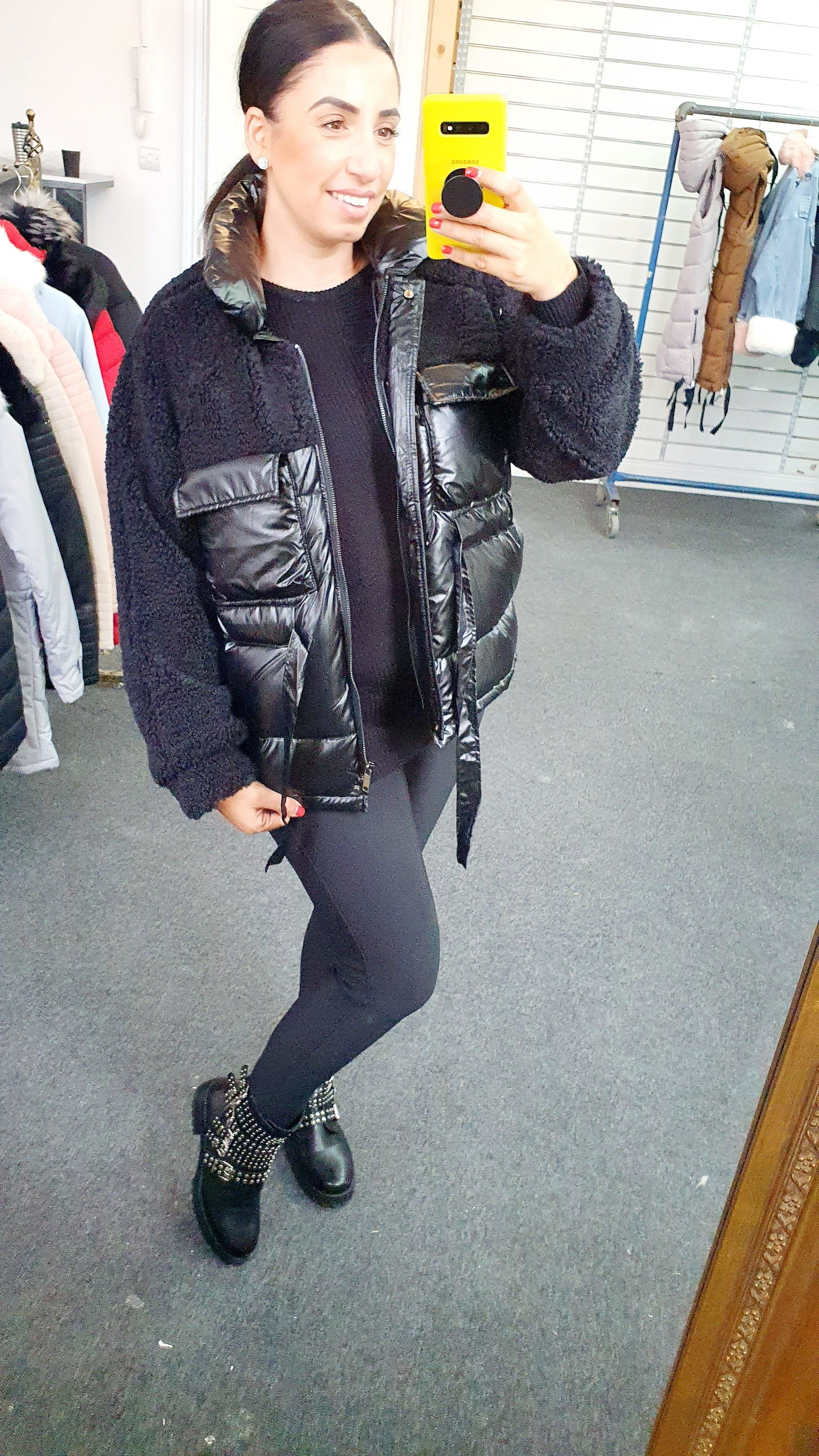 Mitzy Oversized Faux Leather Teddy Tie Waist Puffer Jacket