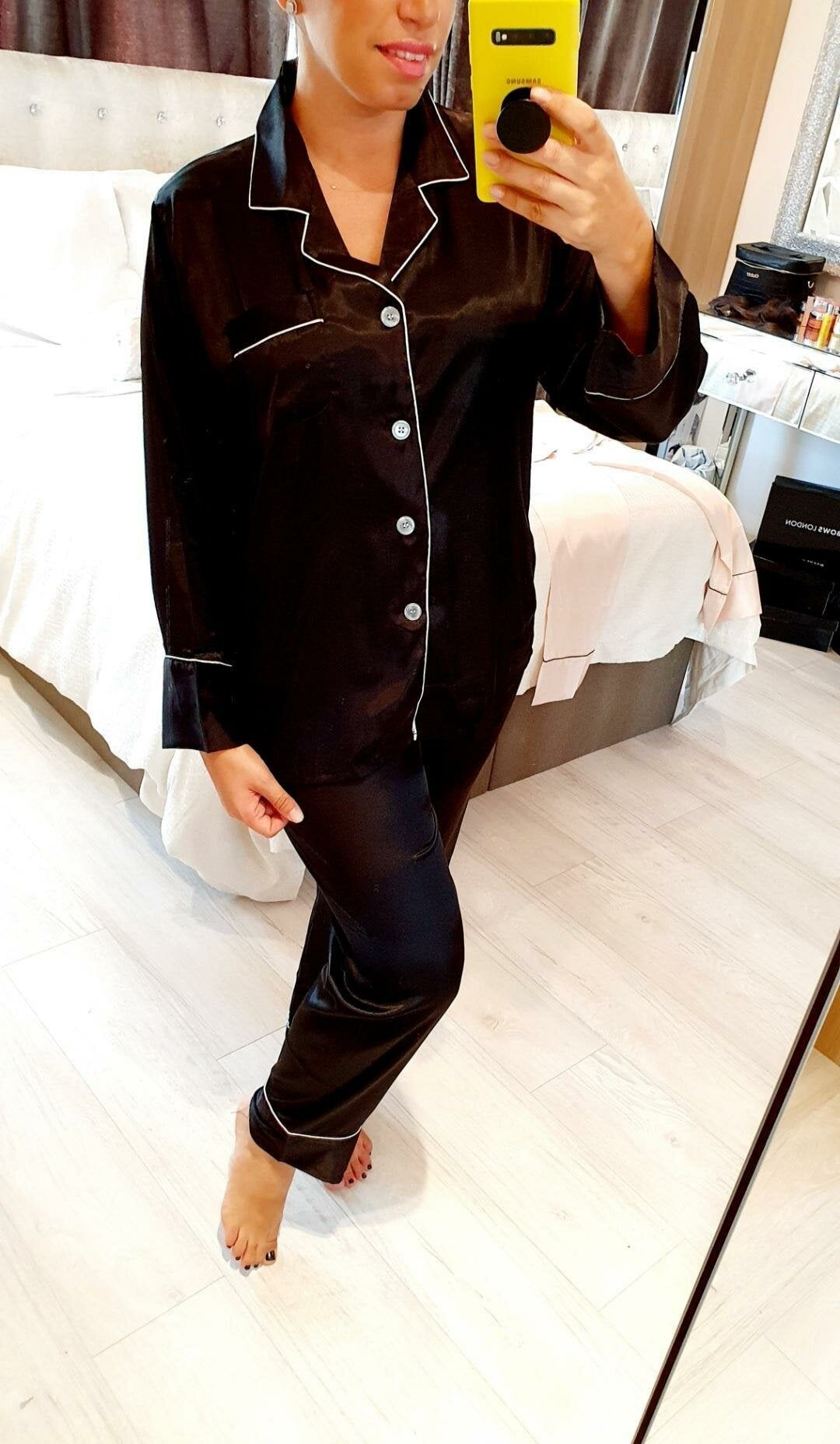 Rhianna Satin Long Sleeve Piped Trim Pyjama Set