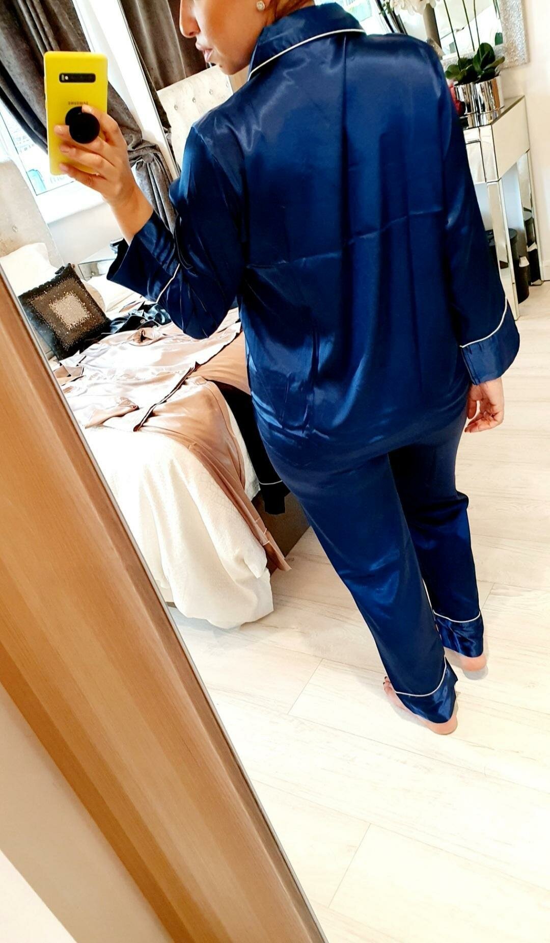 Rhianna Satin Long Sleeve Piped Trim Pyjama Set