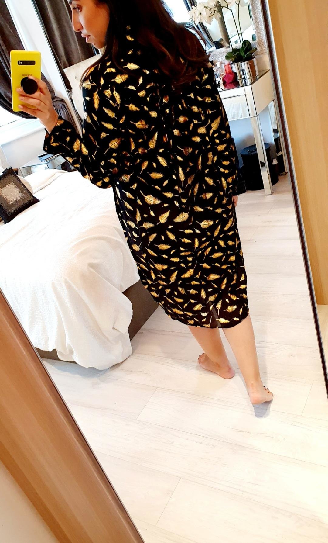 Simmie Gold Feather Print Black Shirt Dress