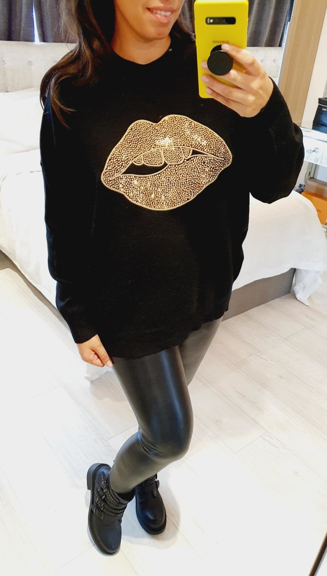Sicily Oversized Studded Gold Lips Detailed Knit Jumper