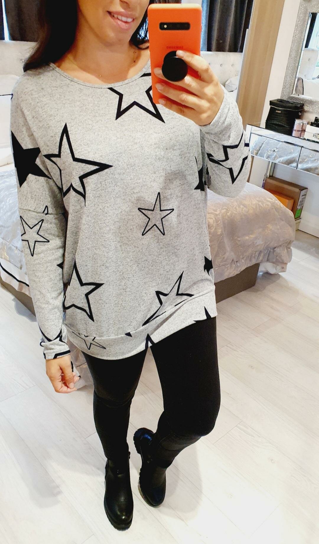 Theodora Grey Marl Star Print Super Soft Thin Top
