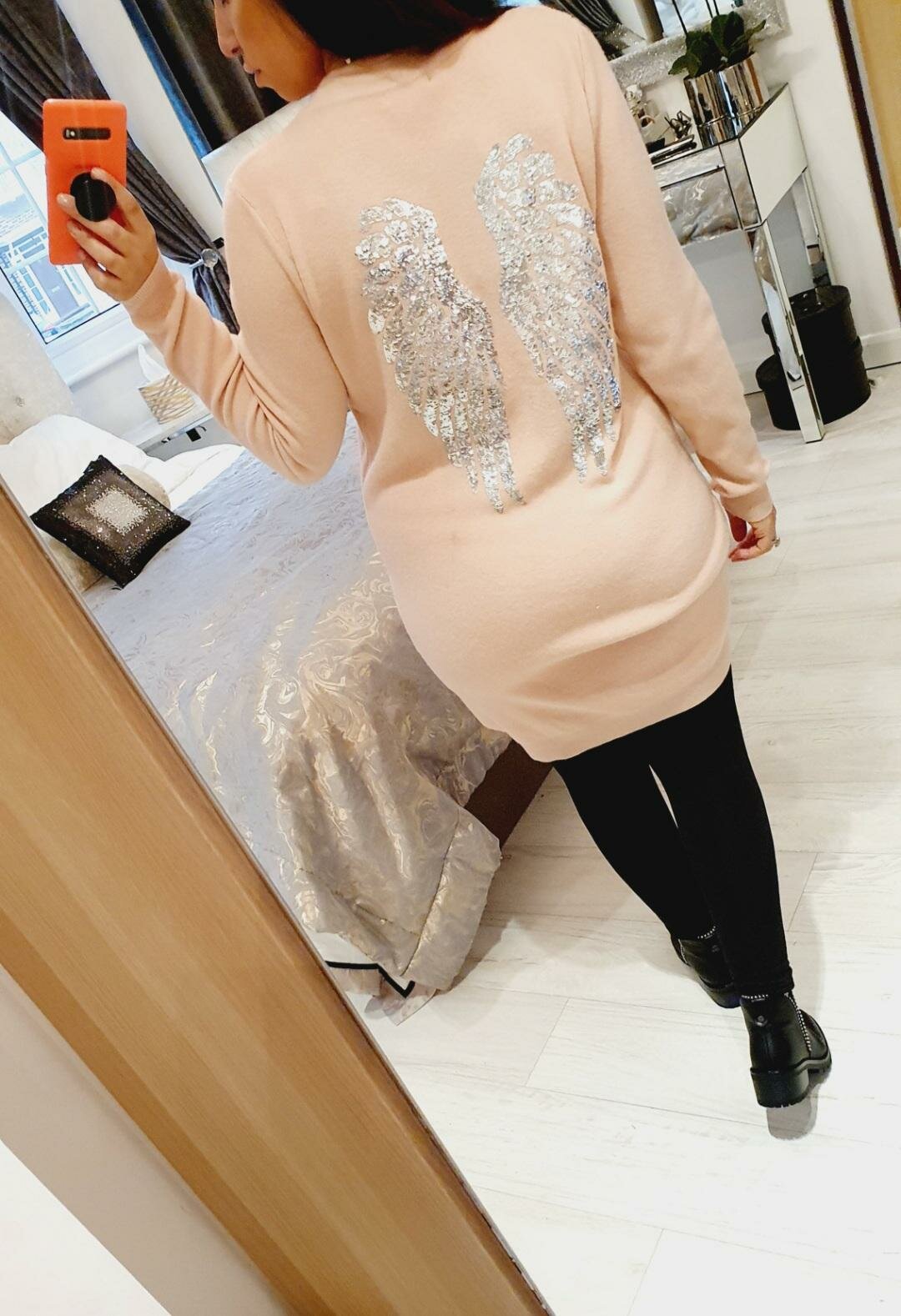 Sylvie Sequin Angel Wing Back Detail Fitted Knit Jumper Dress