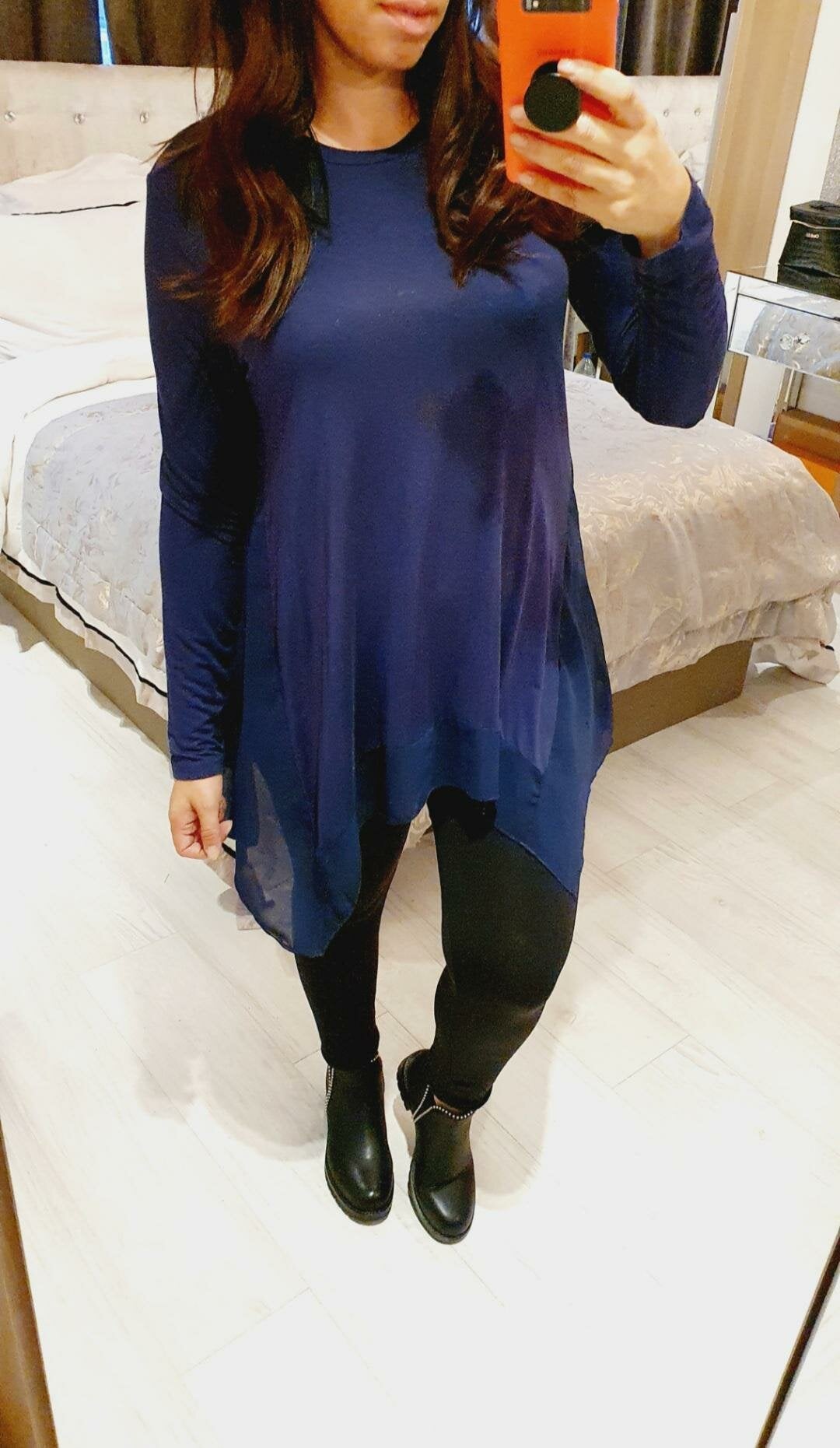 Audrina Navy Chiffon Back Detail Thin Dipped Side Hem Top