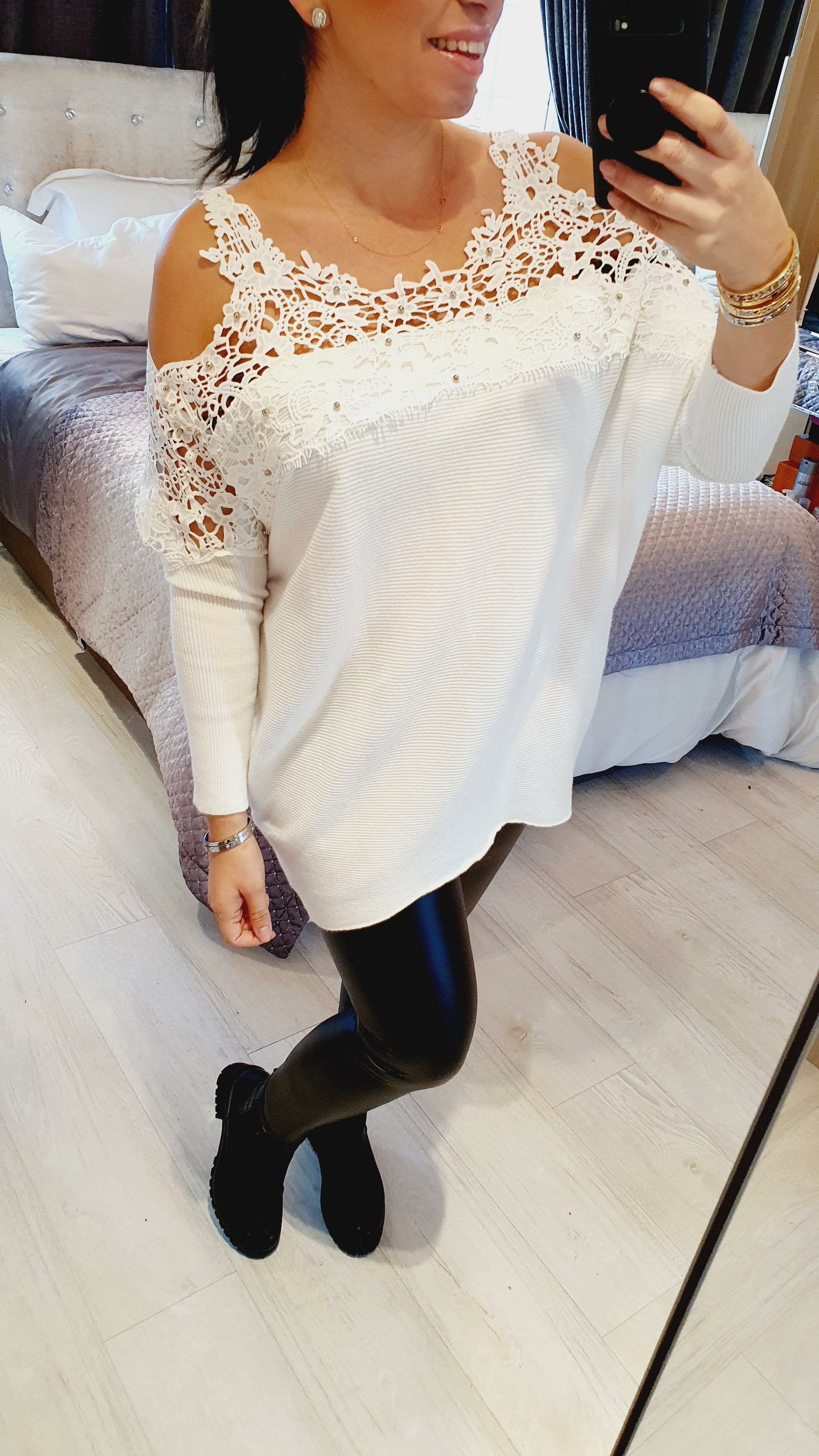 Maxinie Crochet Studded Cold Shoulder Ribbed Knit Jumper