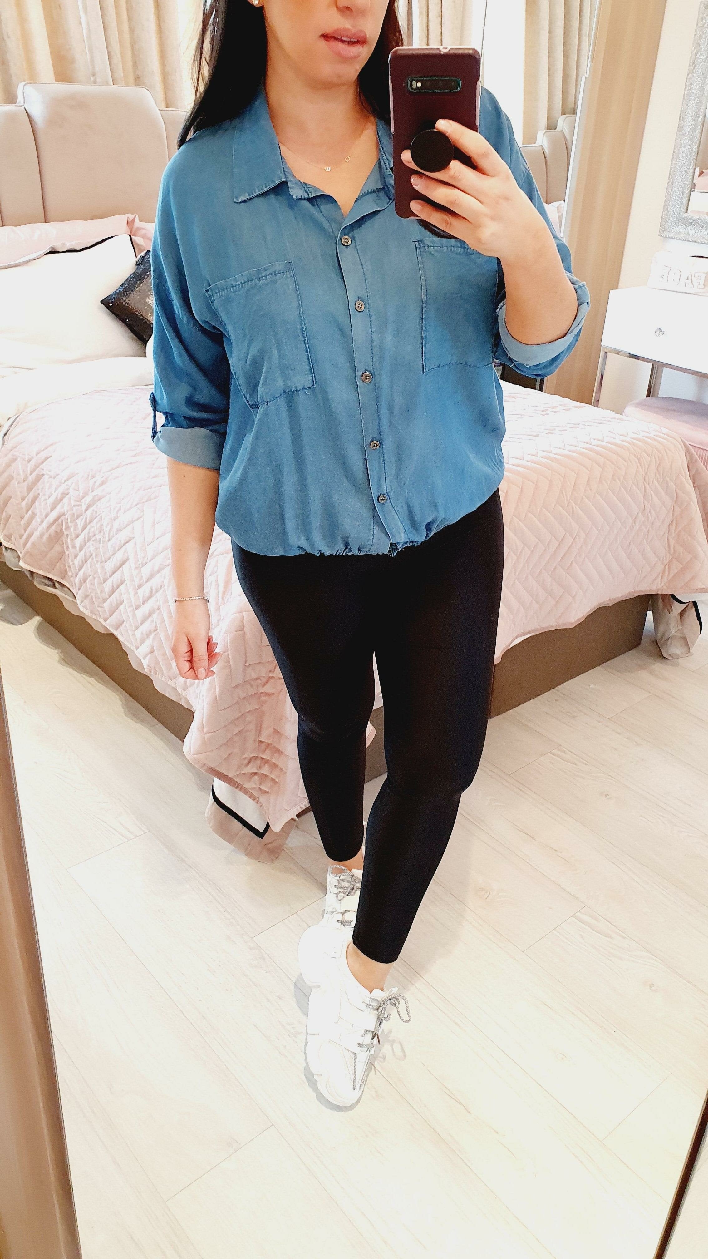 Kandy Rouched Tie Hem Denim Pocket Shirt