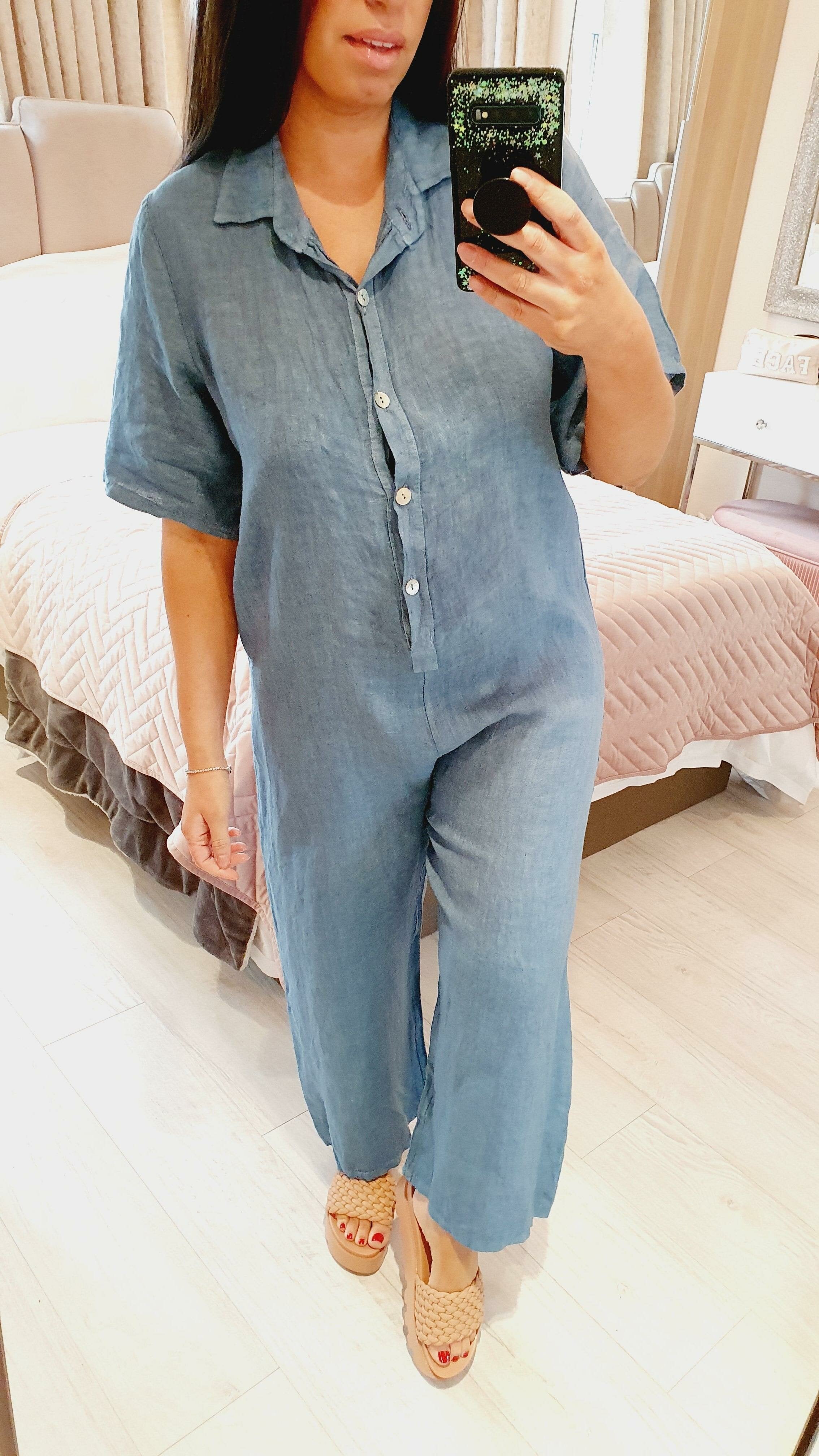 Mae Linen Button Detailed Straight Leg Jumpsuit