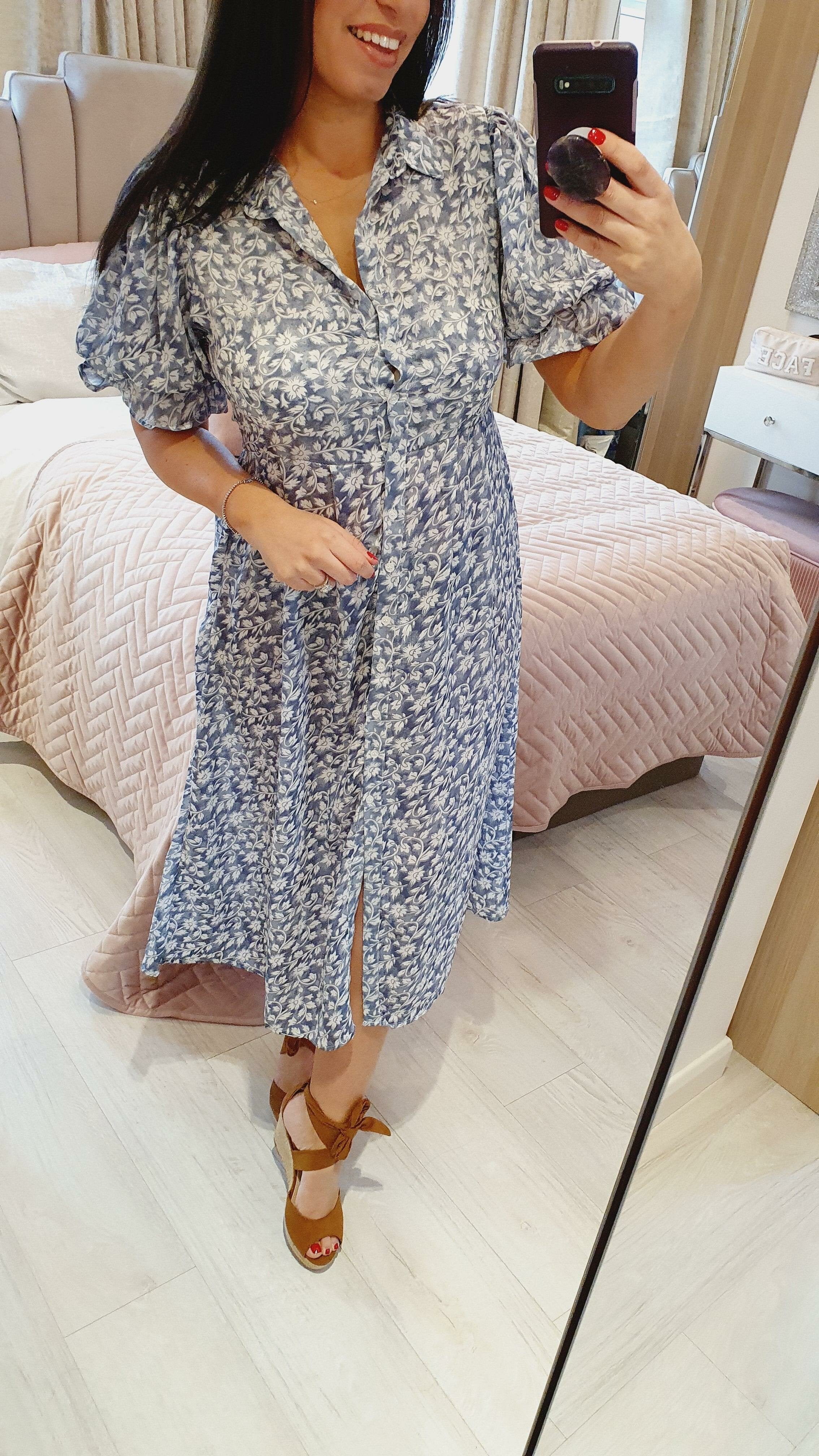 Tabia Baby Blue Floral Print Shirt Swing Dress