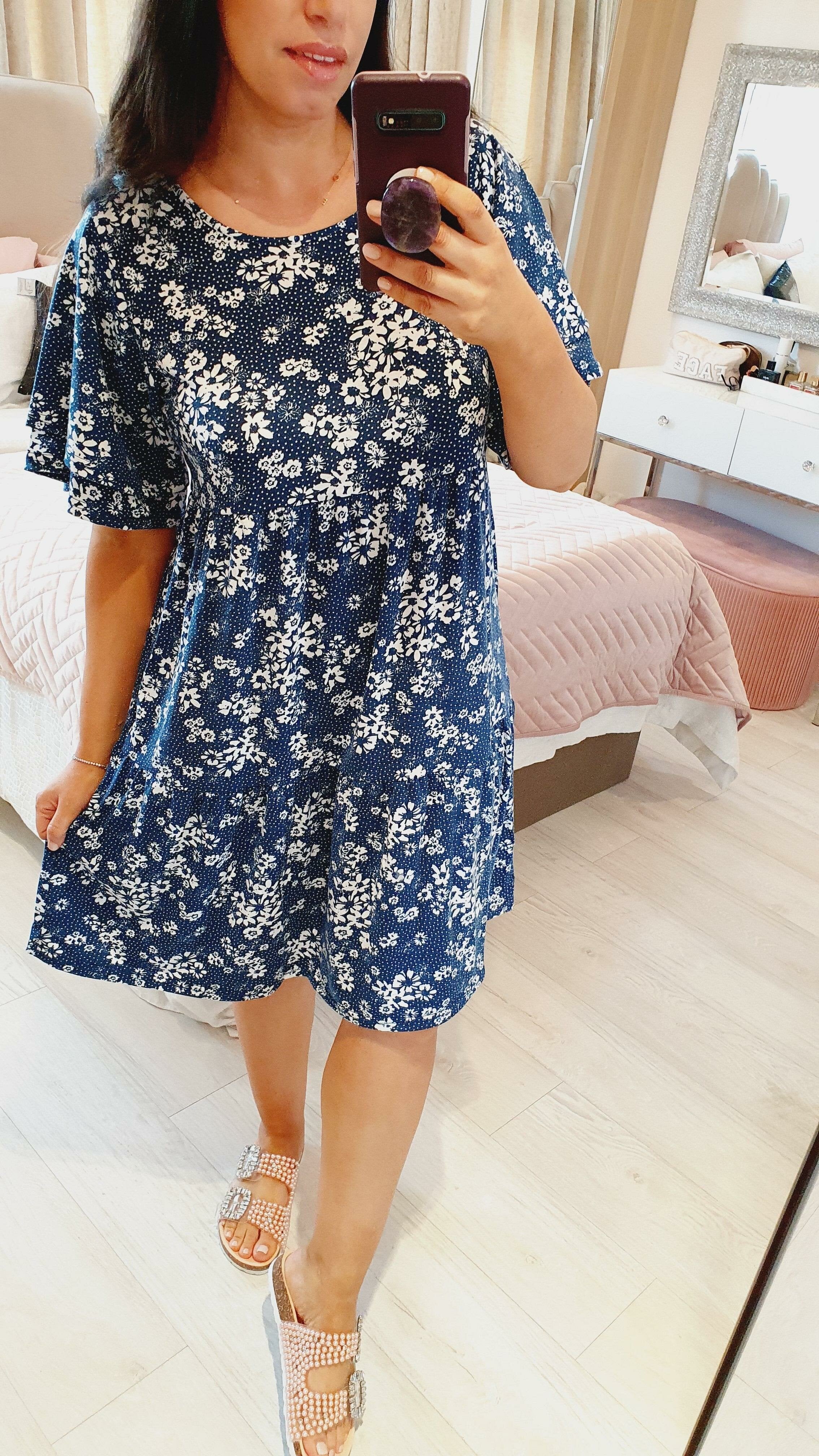 Easton Floral Navy Double Layer Smock Dress