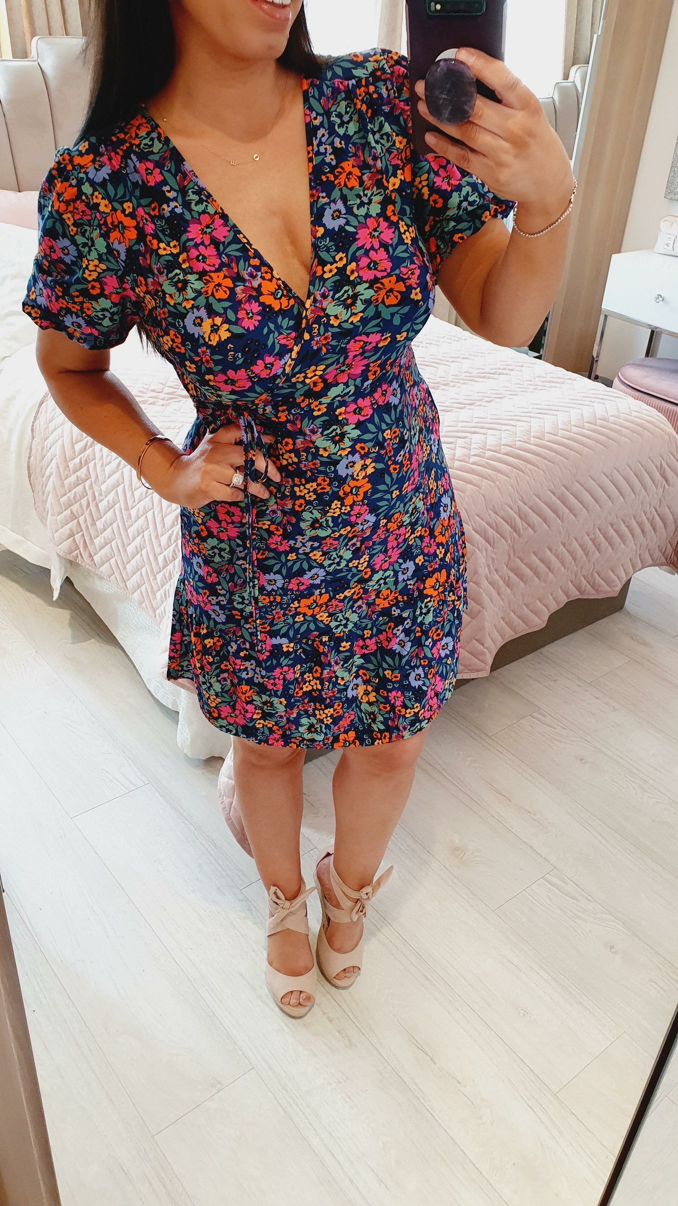 Acadia Navy Floral Wrap Puff Sleeve Summer Dress