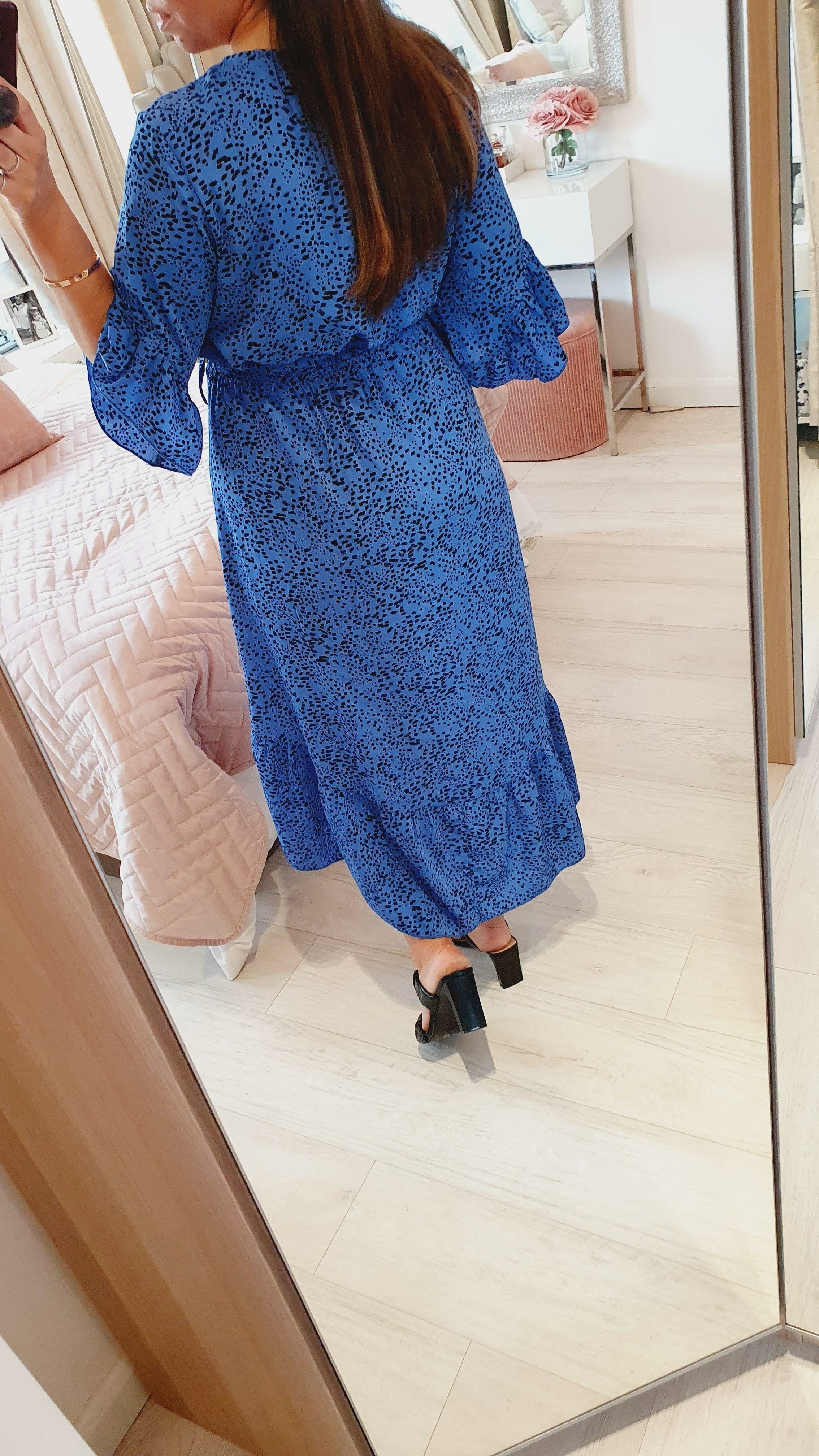 Inesa Royal Blue Wrap Frill Tie Waist Detailed Printed Dress