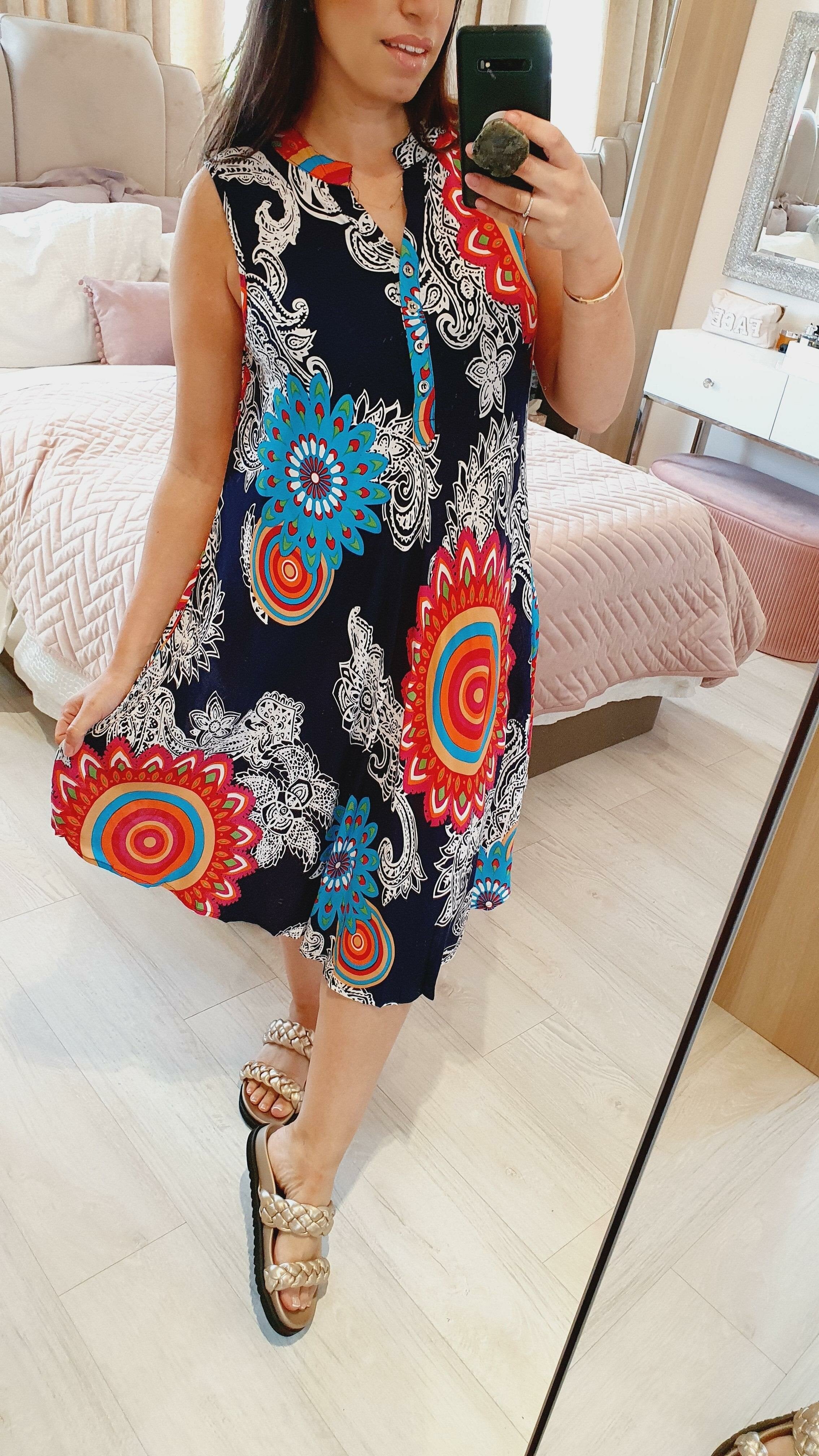 Malvina Mandala Print Scooped Hem Button Dress