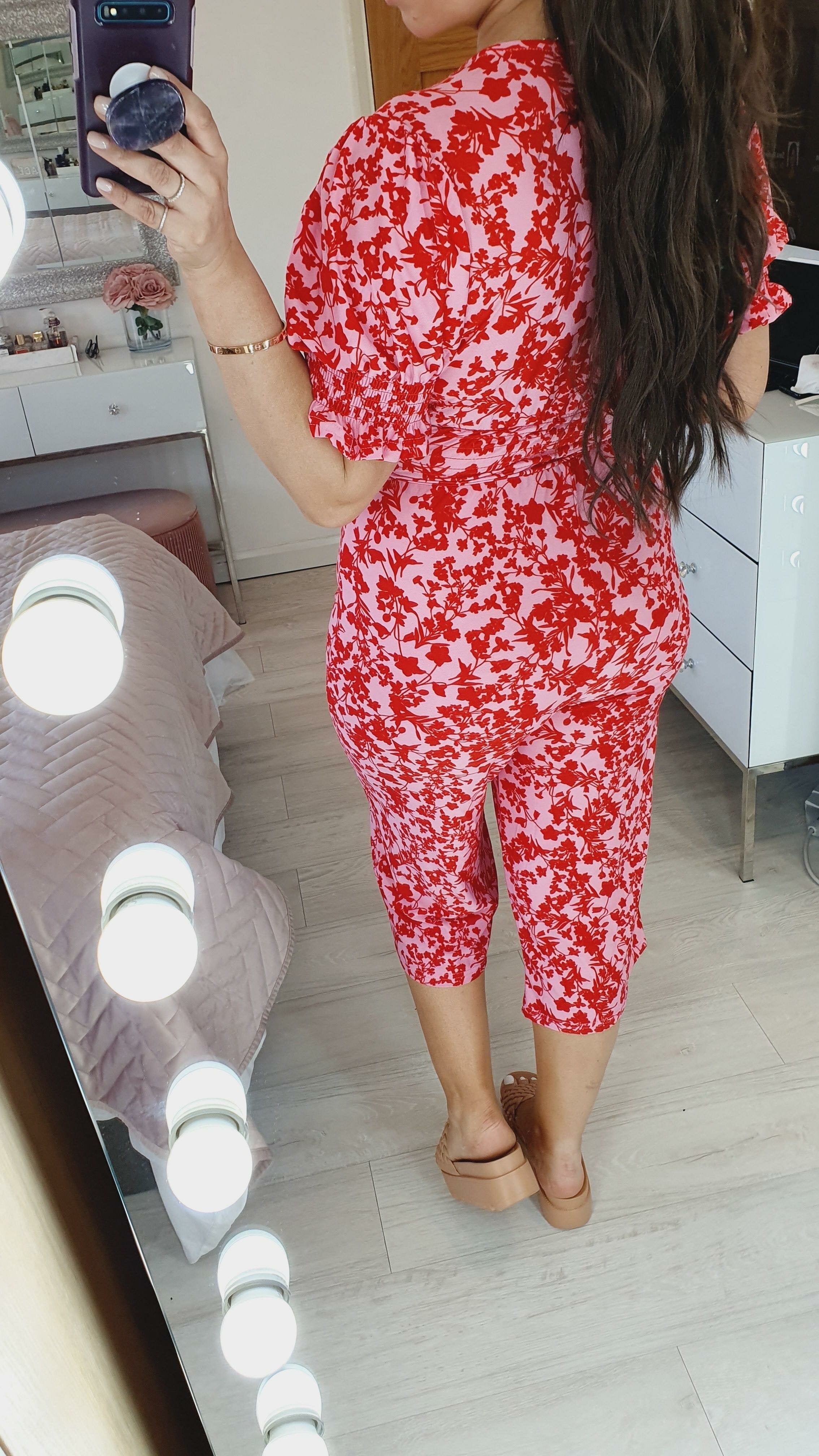 Britt Floral Print Pink And Red Cropped Puff Sleeve Jumpsuit