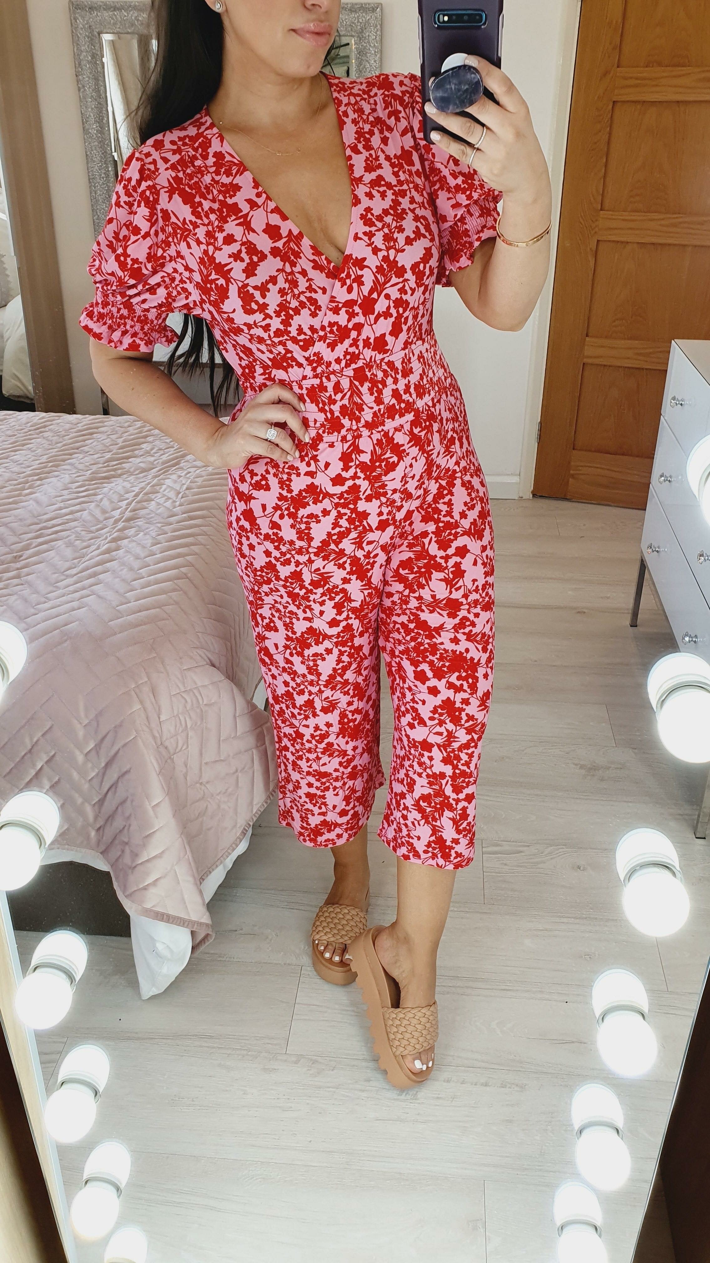 Britt Floral Print Pink And Red Cropped Puff Sleeve Jumpsuit