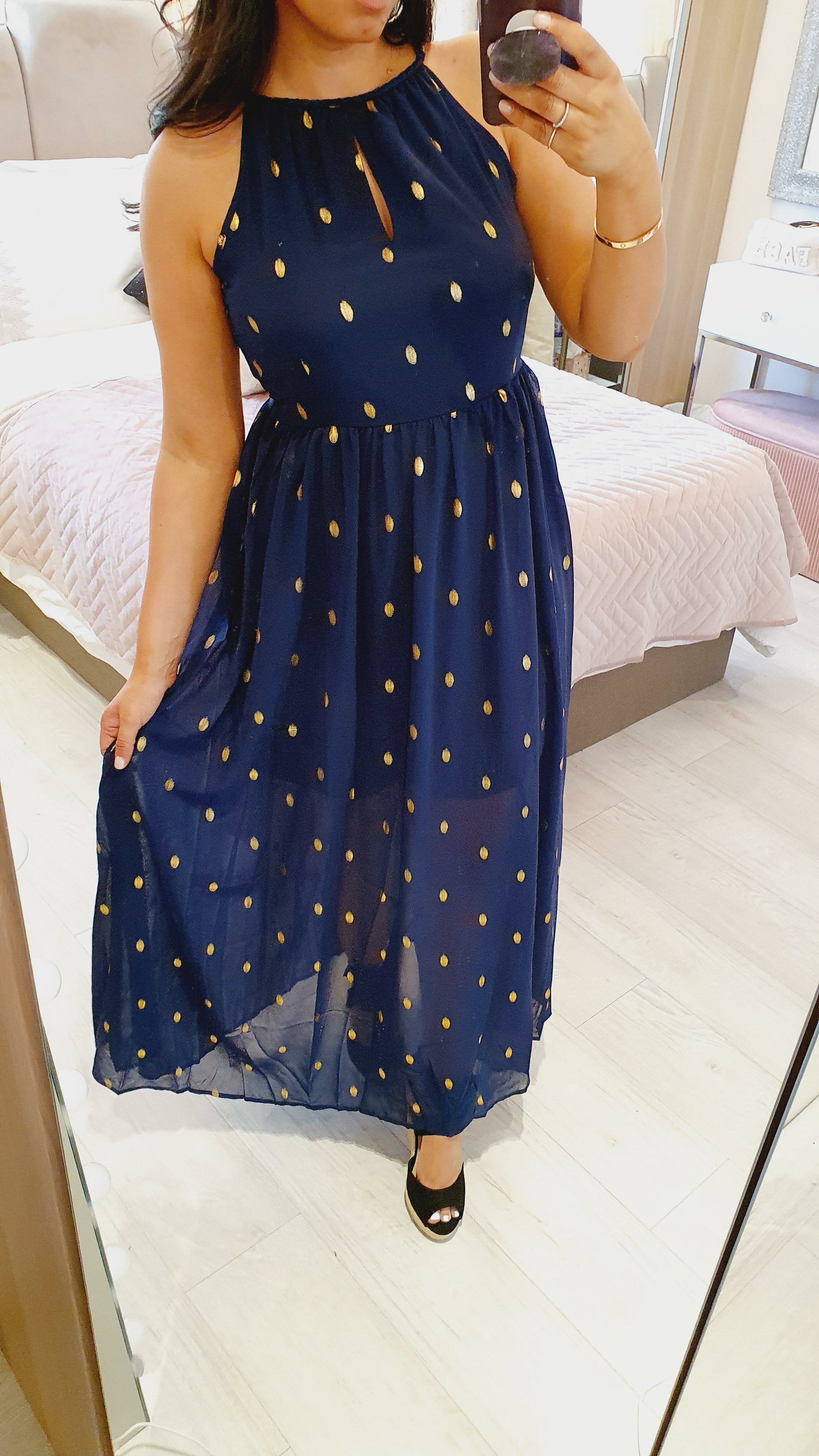 Terry Gold Polka Print Key Hole Halter Neck Maxi Dress