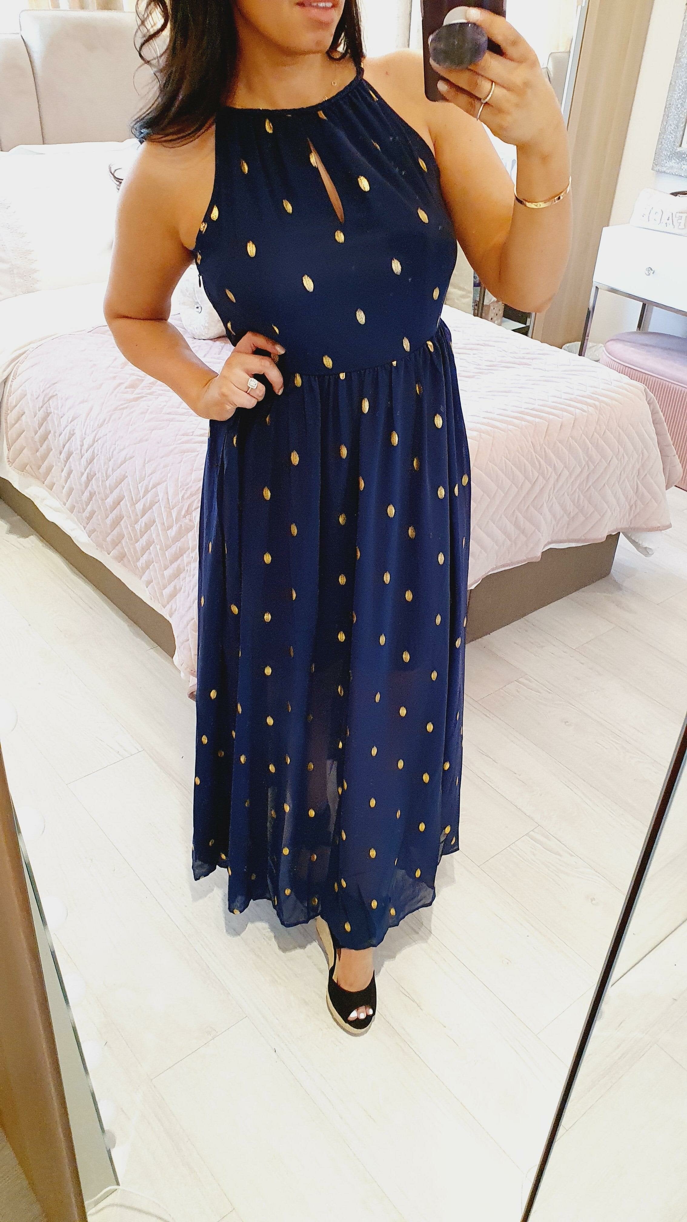 Terry Gold Polka Print Key Hole Halter Neck Maxi Dress