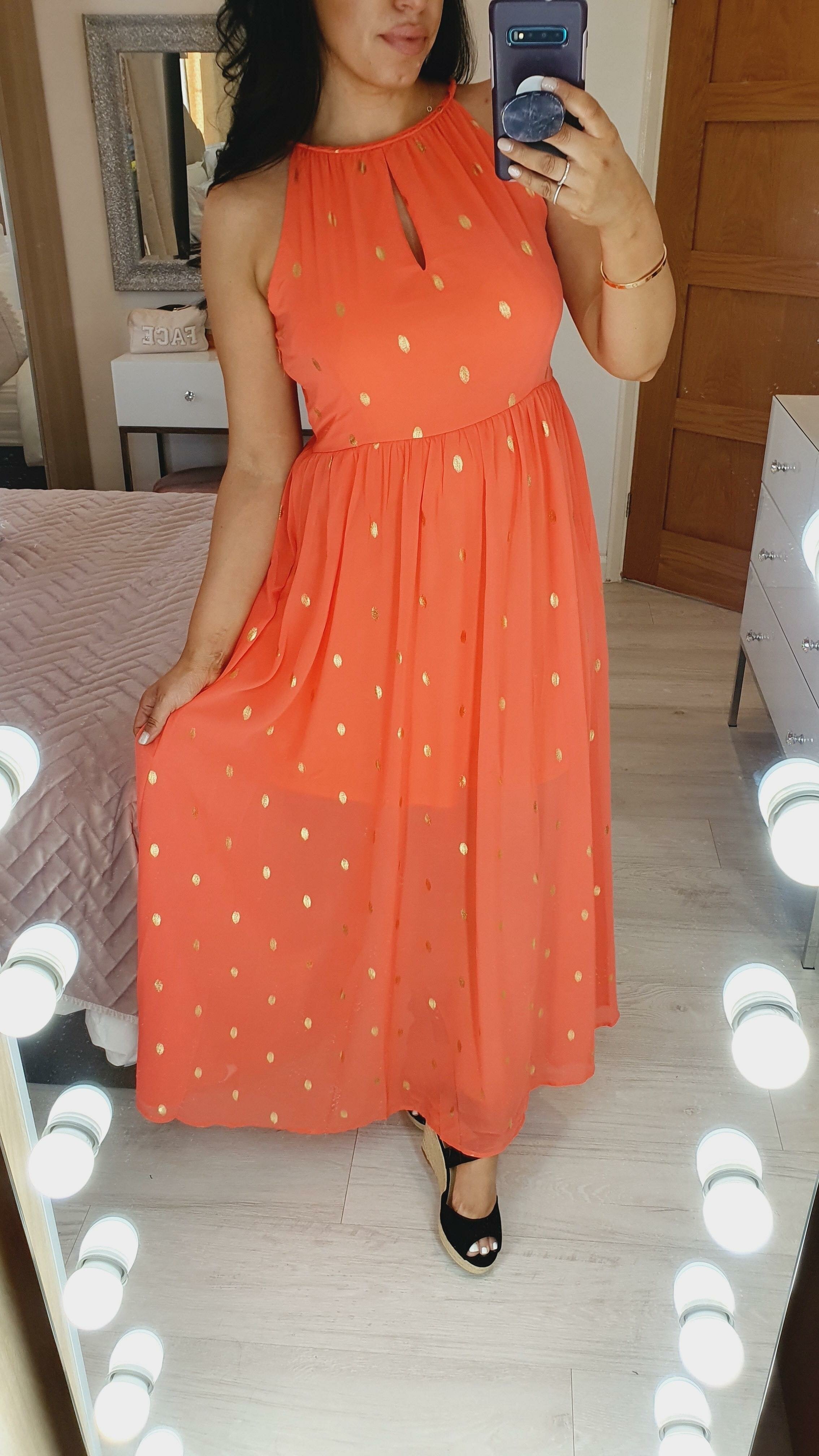 Terry Gold Polka Print Key Hole Halter Neck Maxi Dress