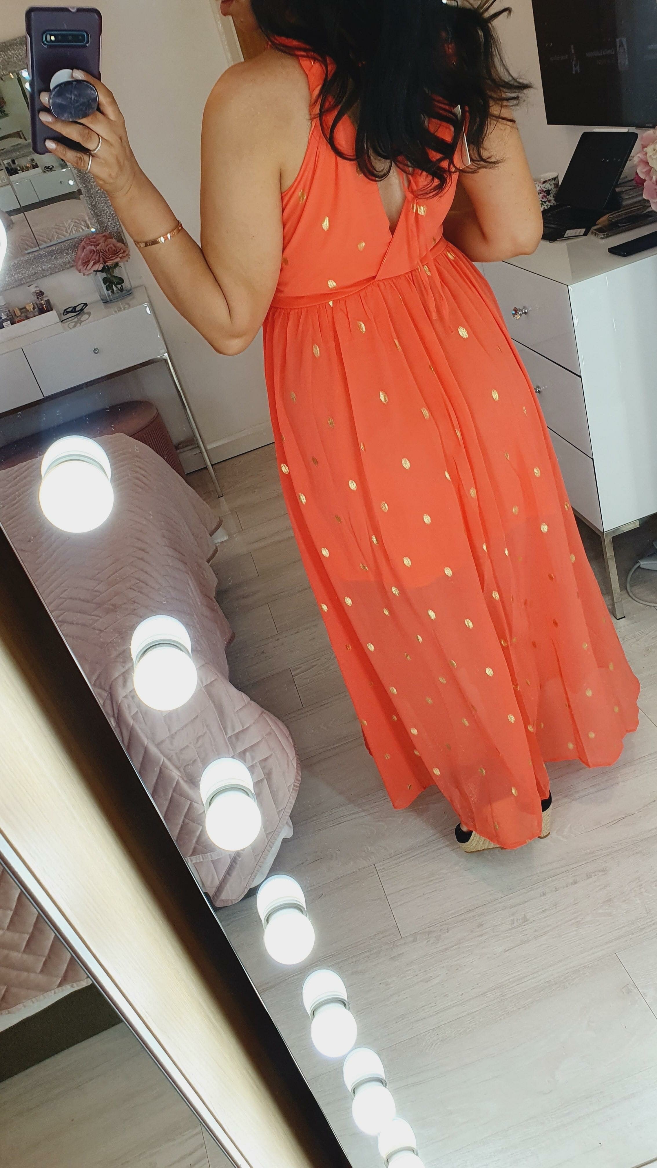 Terry Gold Polka Print Key Hole Halter Neck Maxi Dress