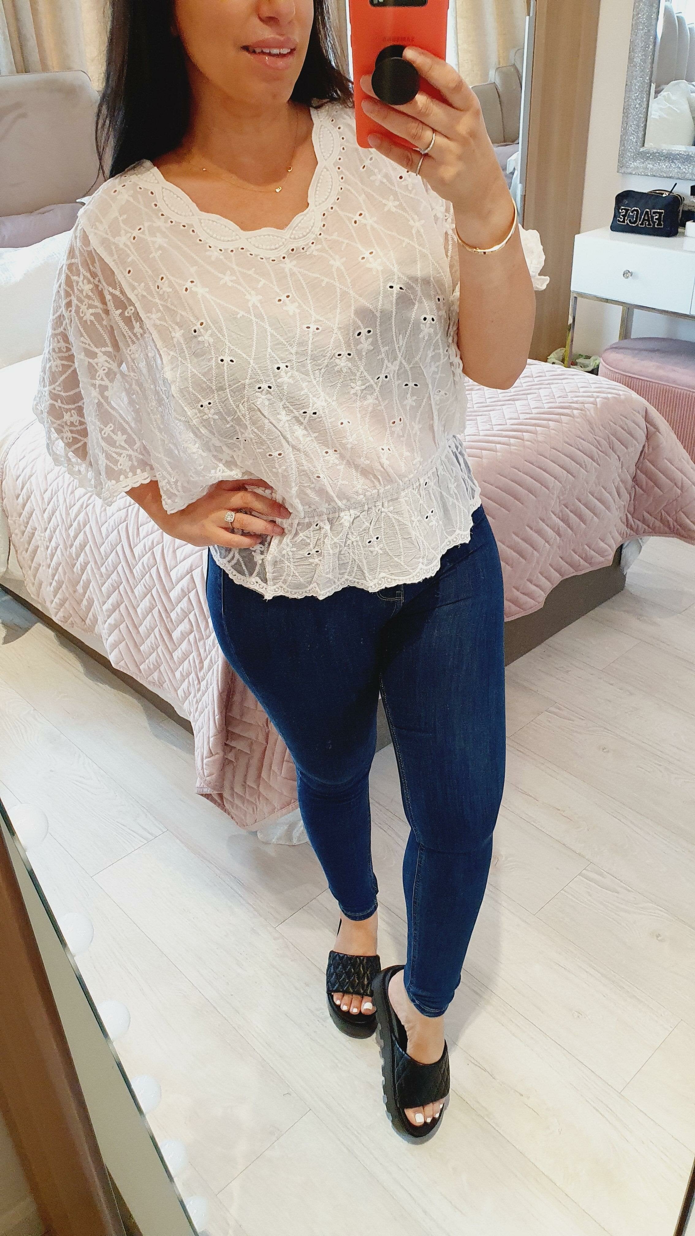 Burrows White Lace Batwing Detailed Top
