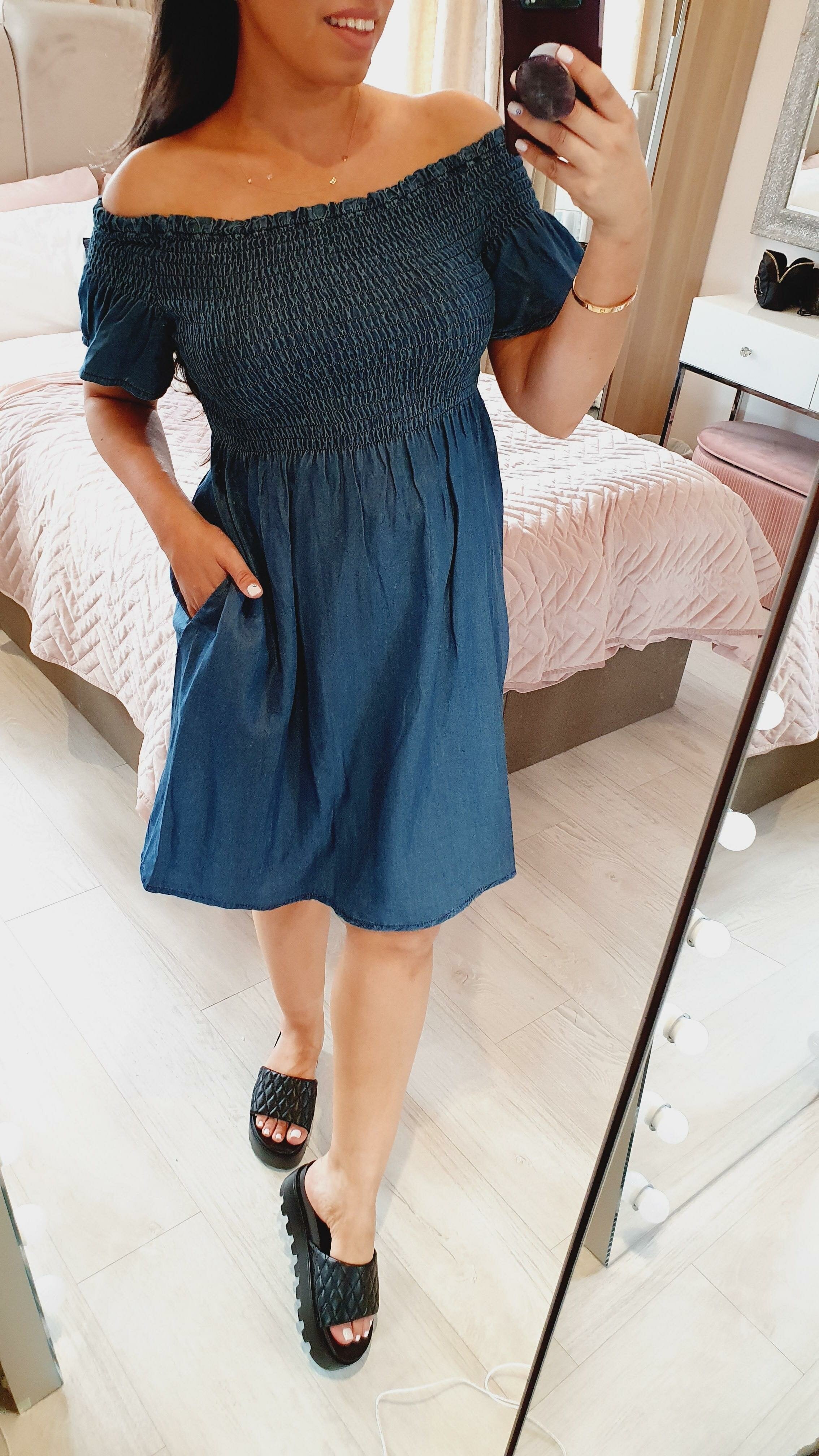 Haynes Dark Denim Bardot Elasticated Dress