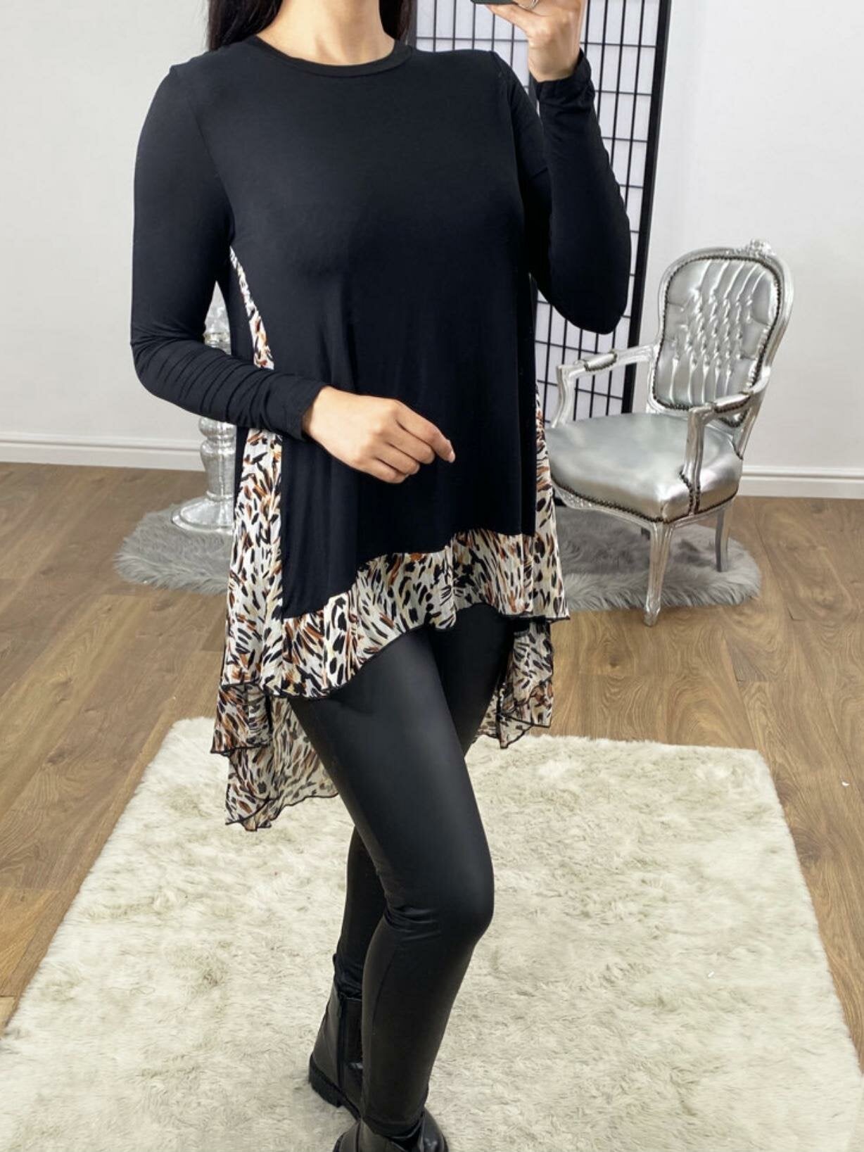 Madhie Animal Print Chiffon Back Detailed Dipped Hem Top