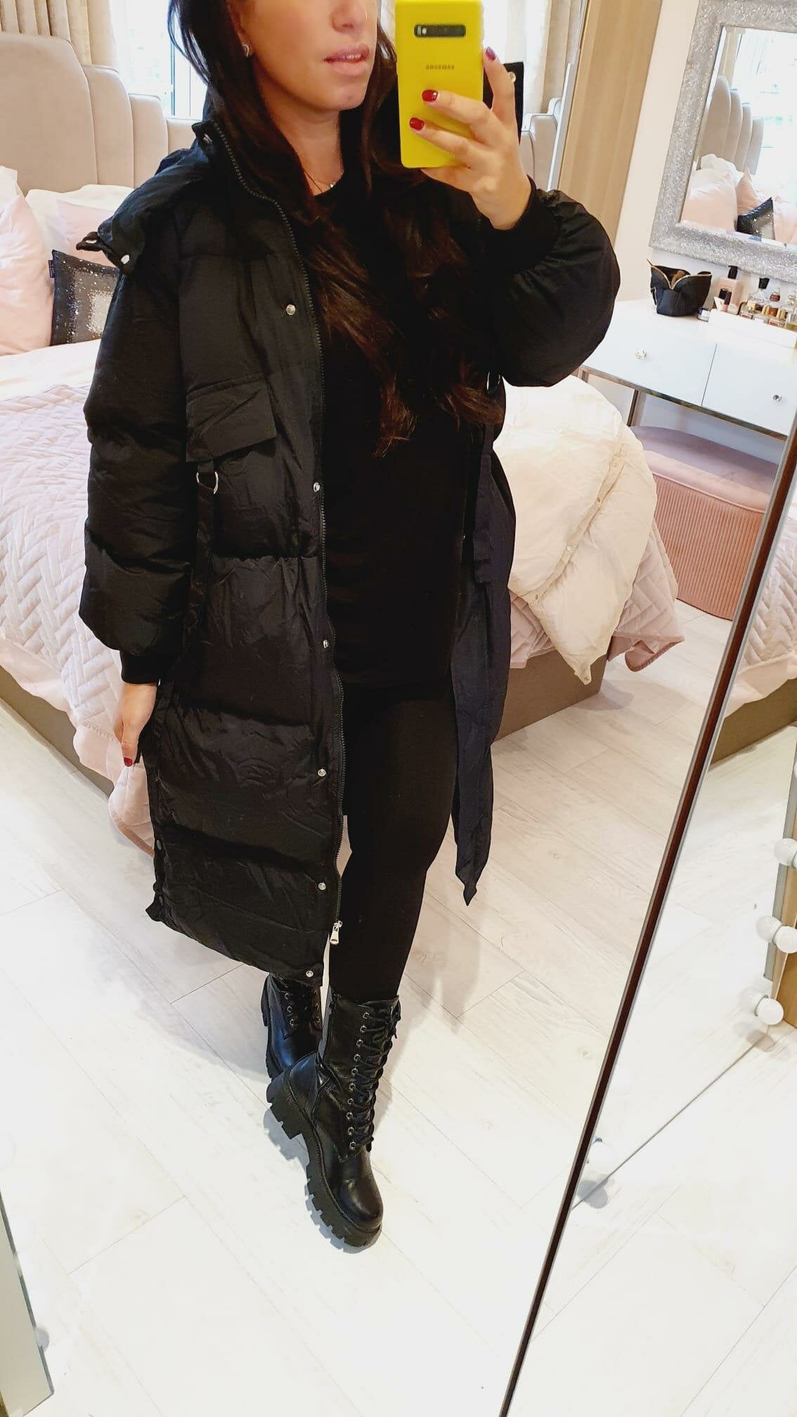 Renola Black Padded Pocket Detailed Longline Hooded Coat