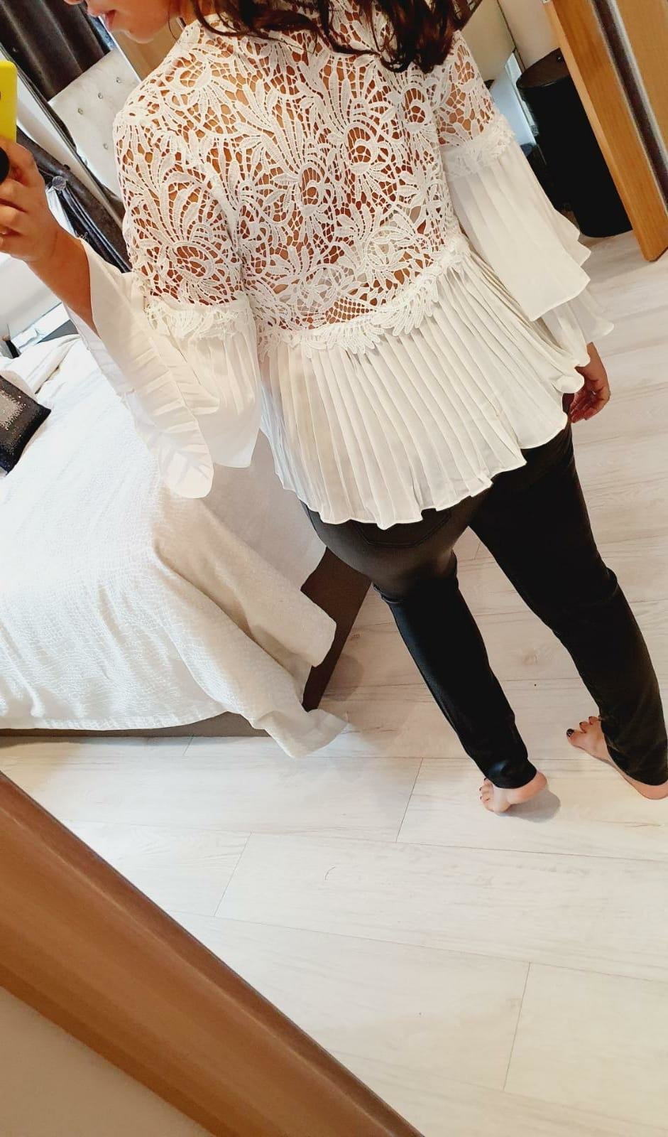 Nicole Crochet Pleated Flared Sleeve Loose Fit Blouse