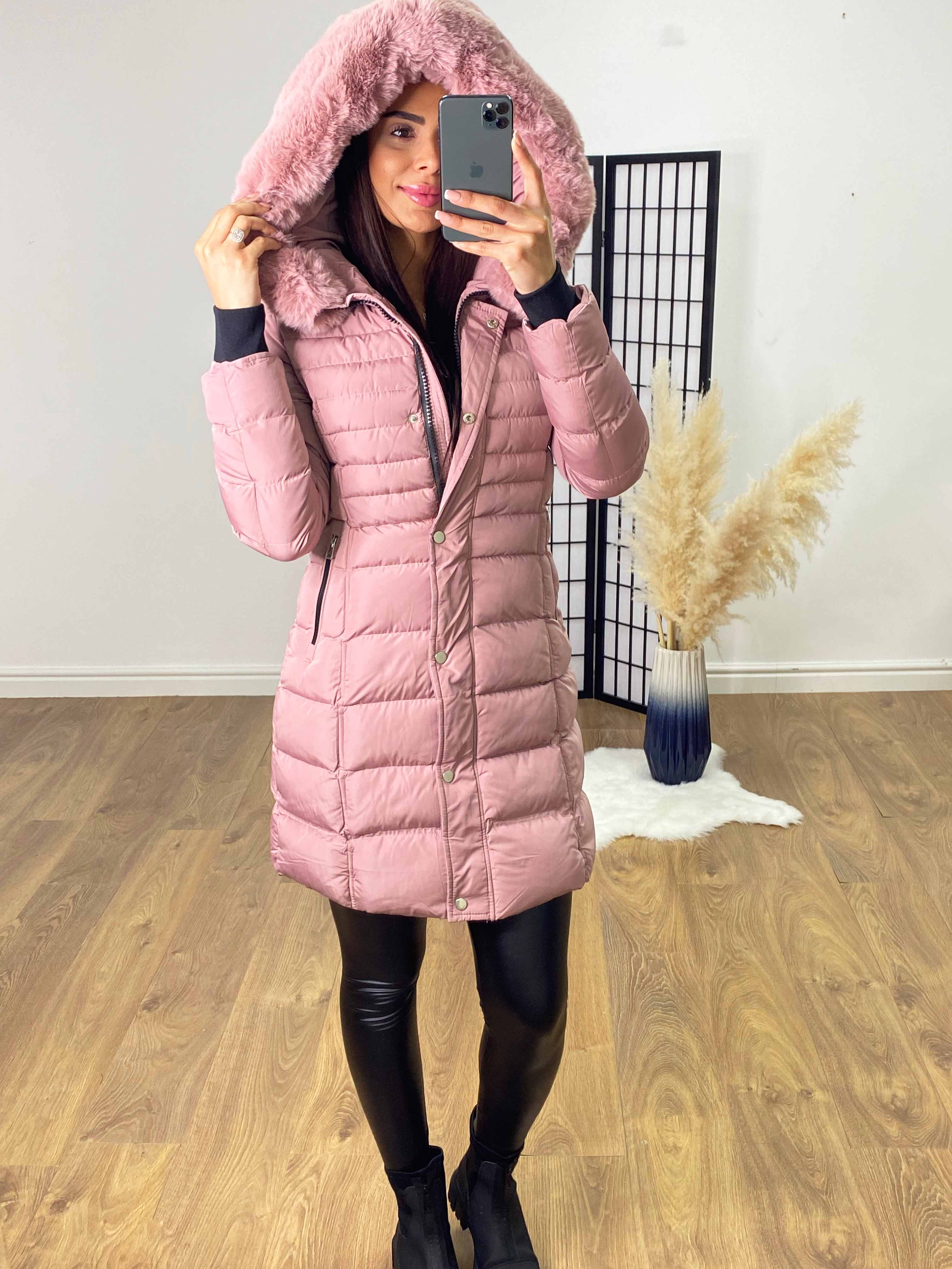 Kenley Pink Faux Fur Hooded Belt Coat