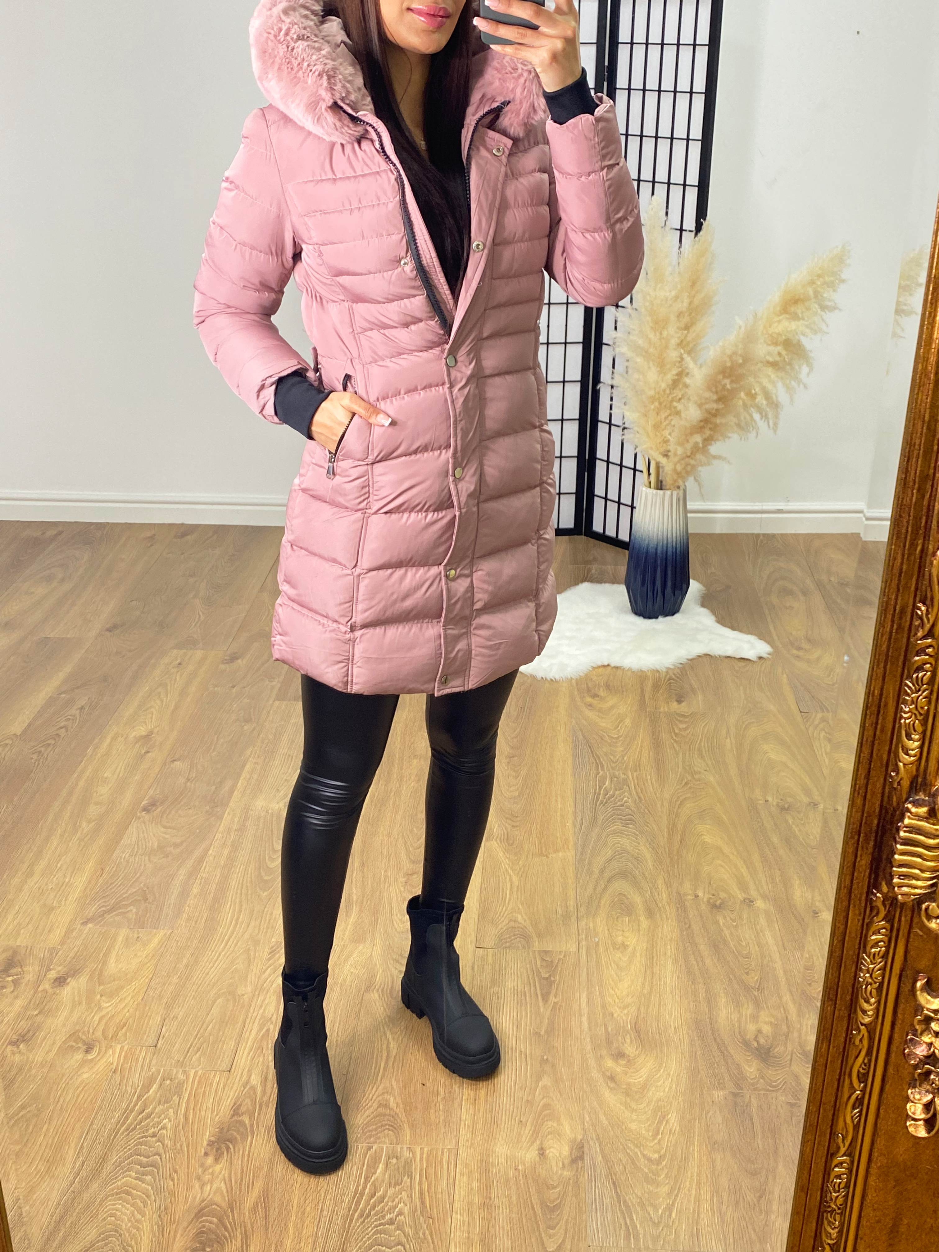 Kenley Pink Faux Fur Hooded Belt Coat