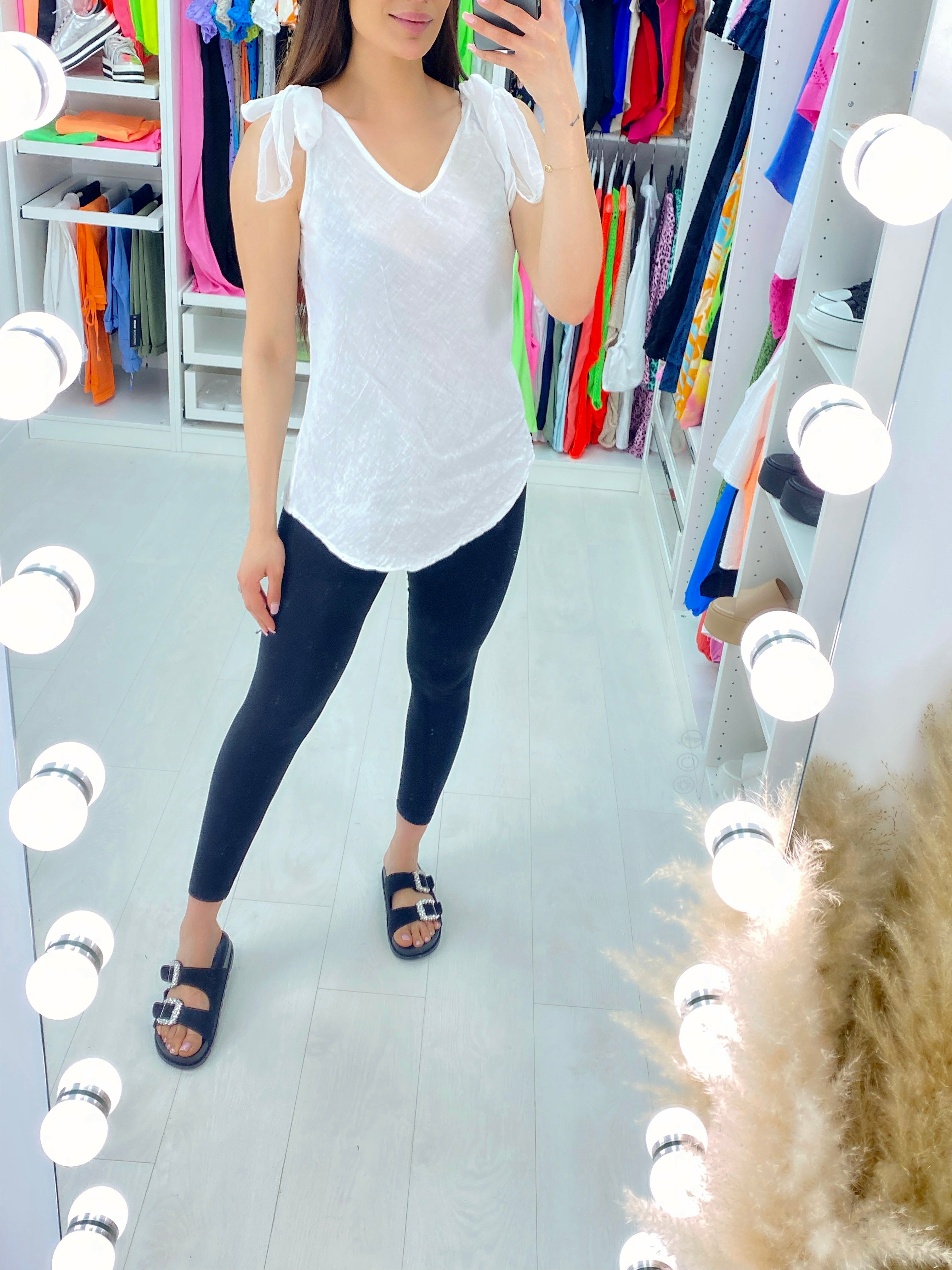 Jaeda Linen Tie Shoulder V Neck Top