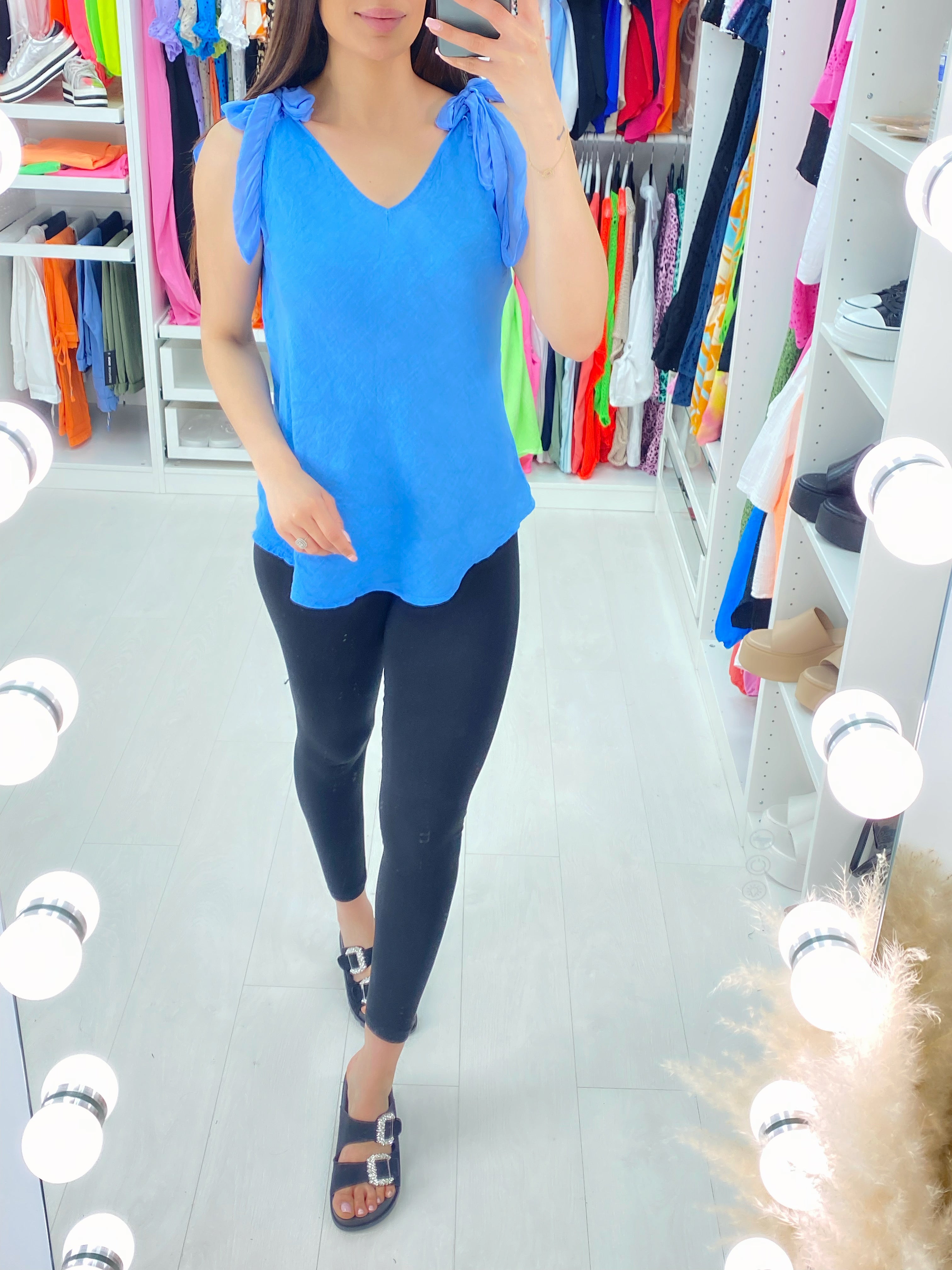 Jaeda Linen Tie Shoulder V Neck Top