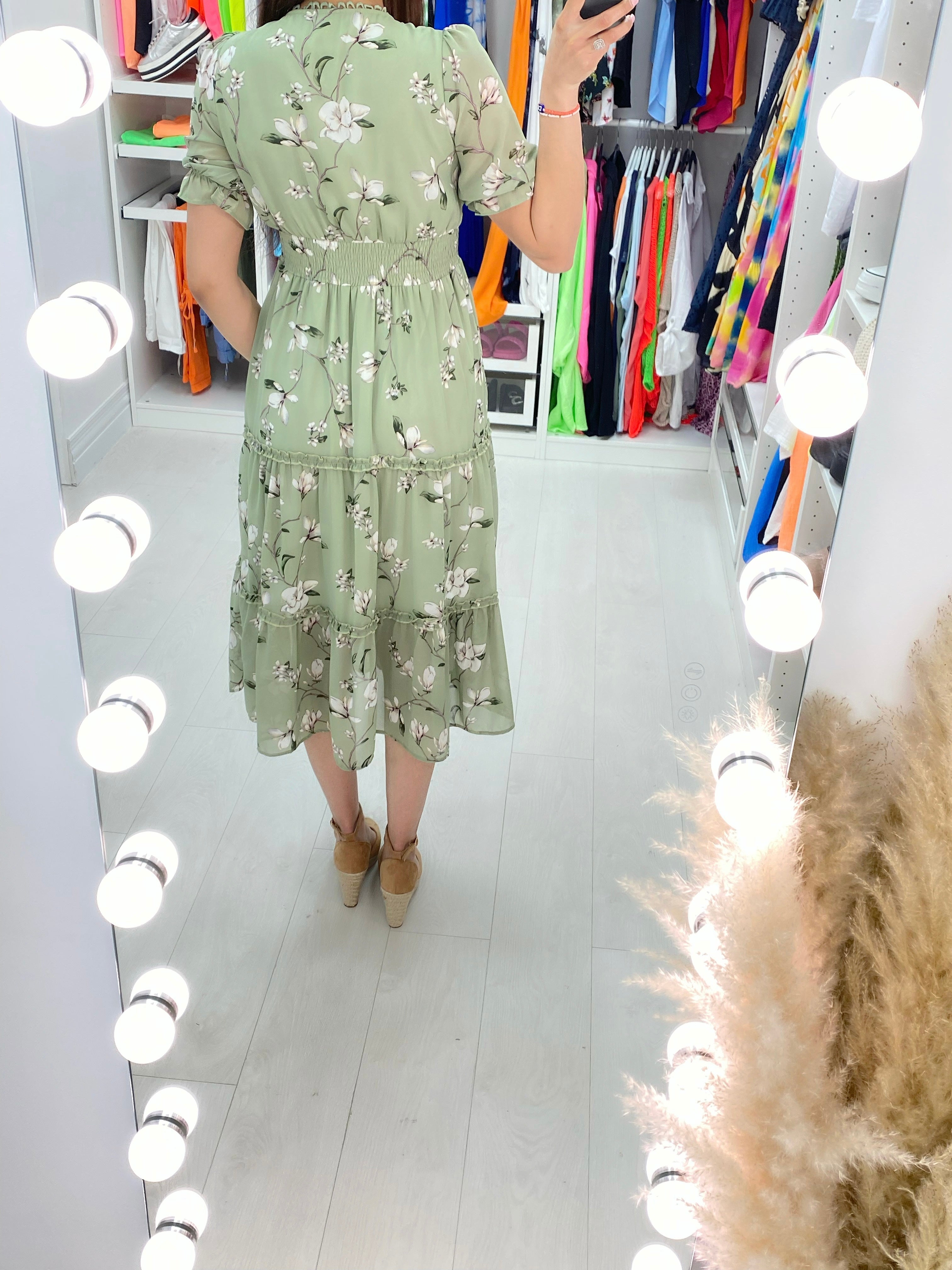 Alani Sage Chiffon Flower Stem Midi Dress