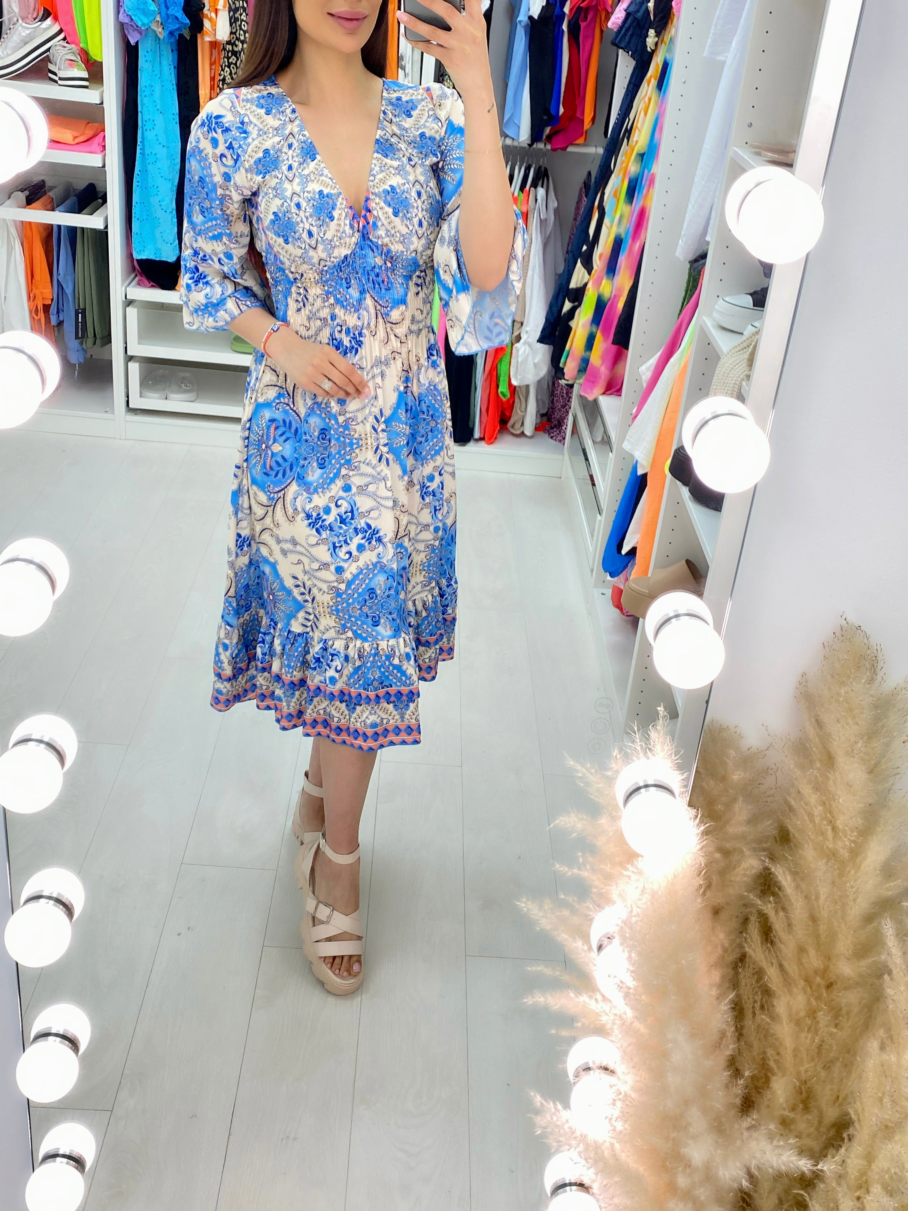 Kove Blue Paisley Print Ruffle Hem Midi Dress