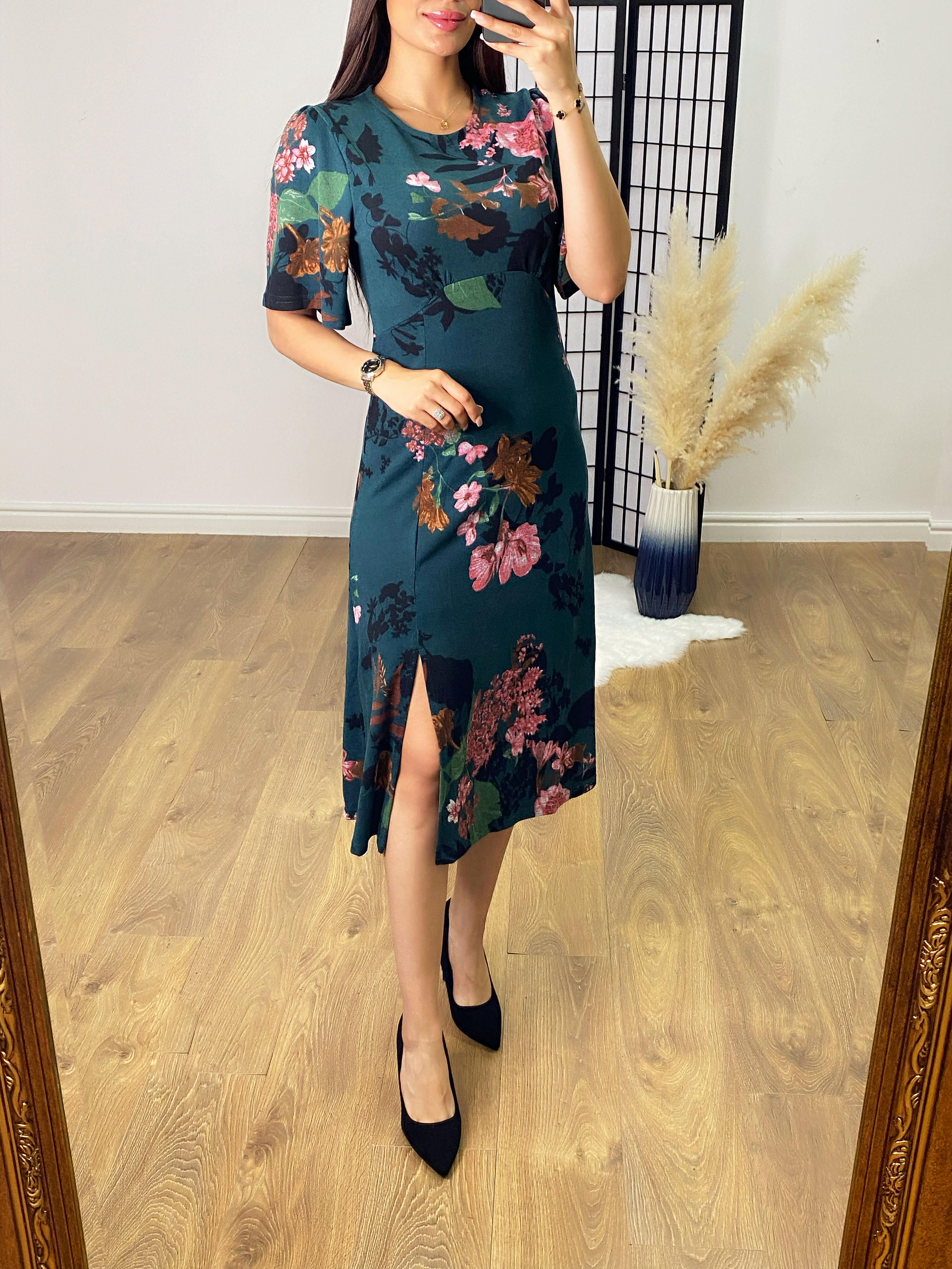 Florence Emerald Floral Split Front Midi Dress