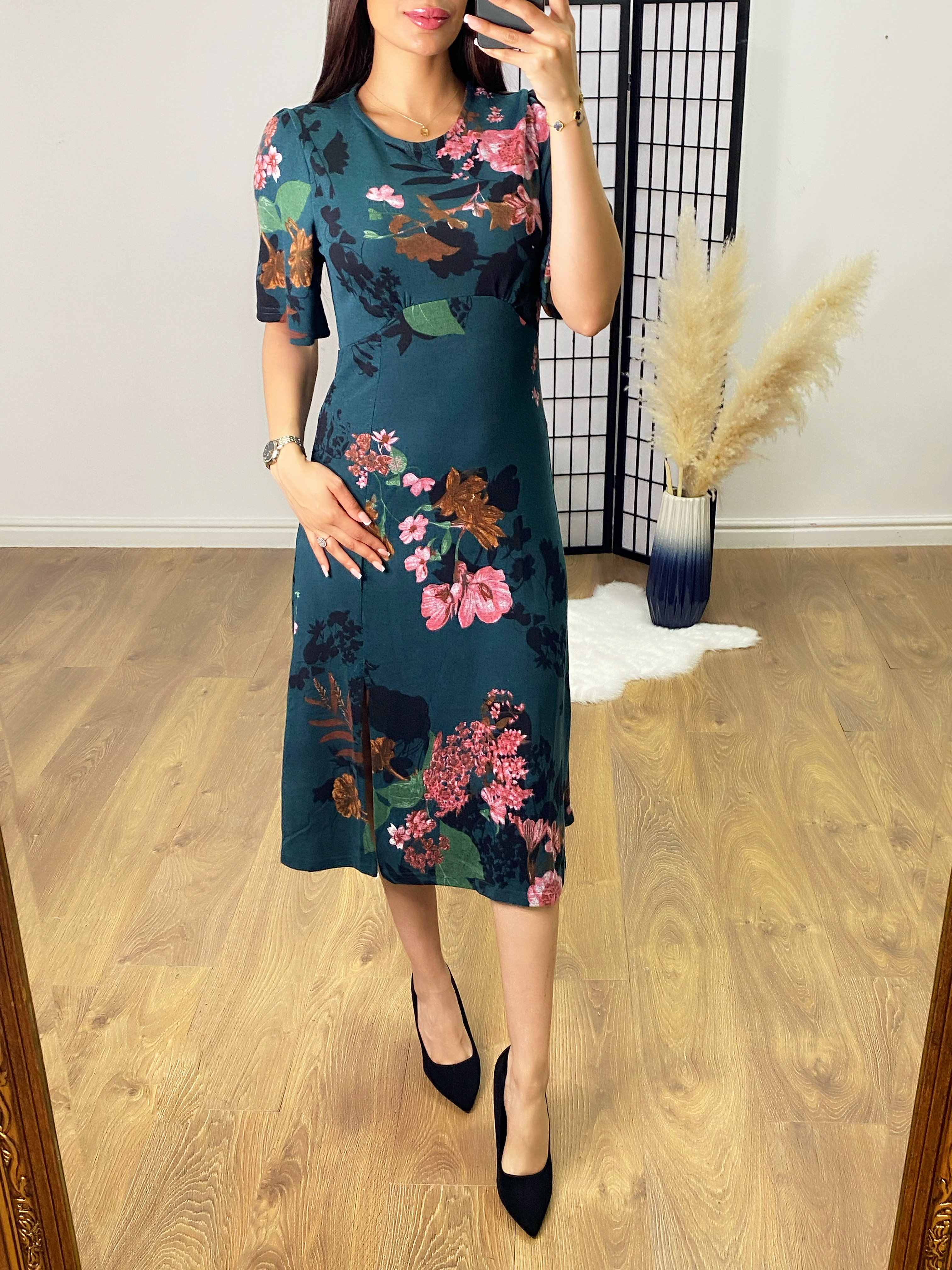 Florence Emerald Floral Split Front Midi Dress