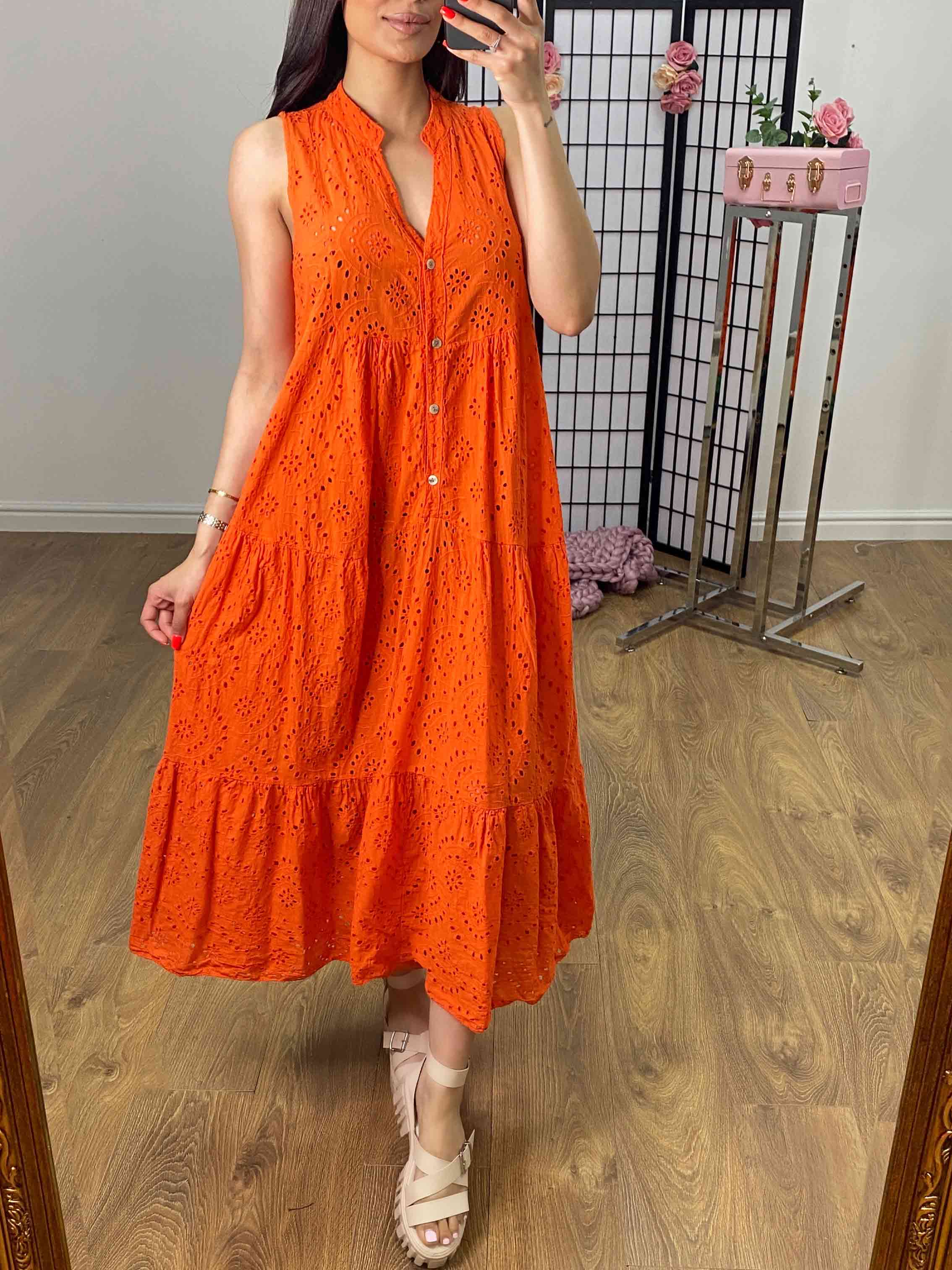 Nessie Sleeveless Broderie Tiered Hem Smock Maxi Dress