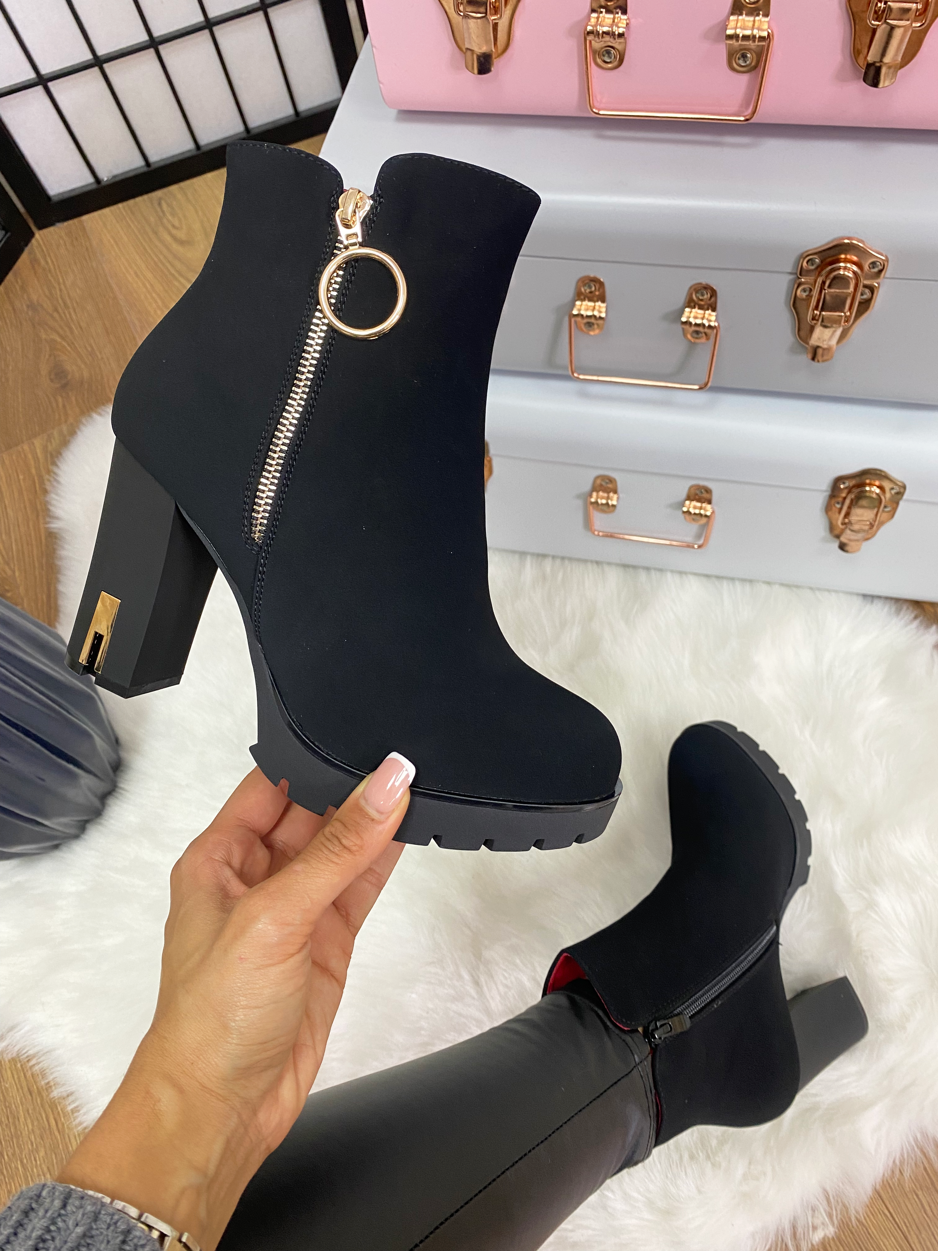 Bliss Black Faux Suede Block Heel Boots