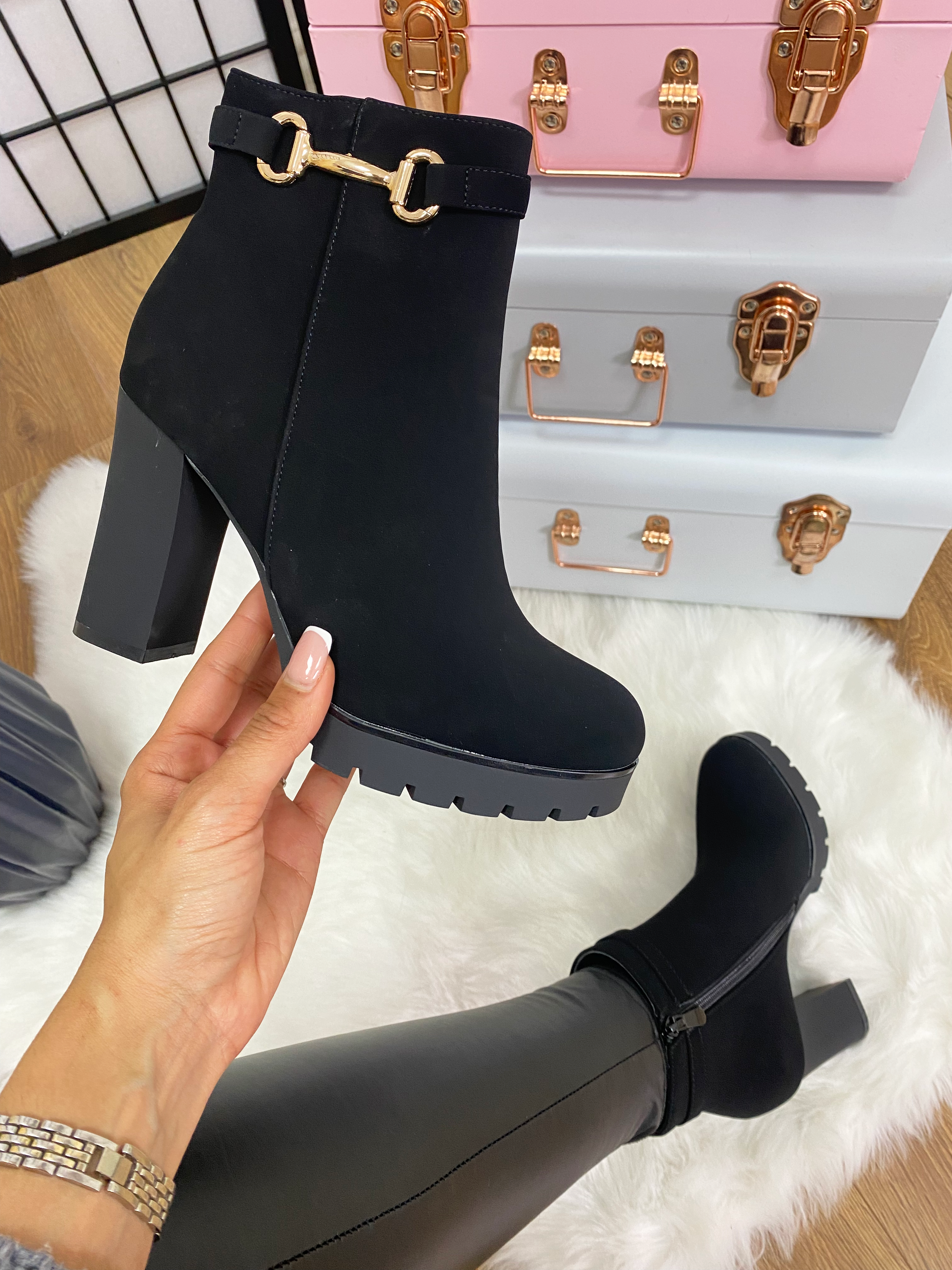 Leona Black Faux Suede Block Heel Boots