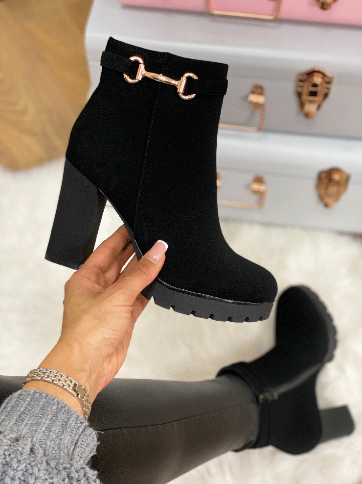 Leona Black Faux Suede Block Heel Boots