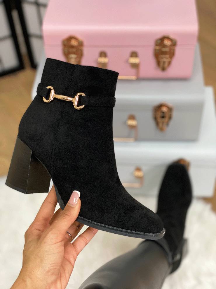 Leandra Black Faux Suede Chain Detail Heeled Boots