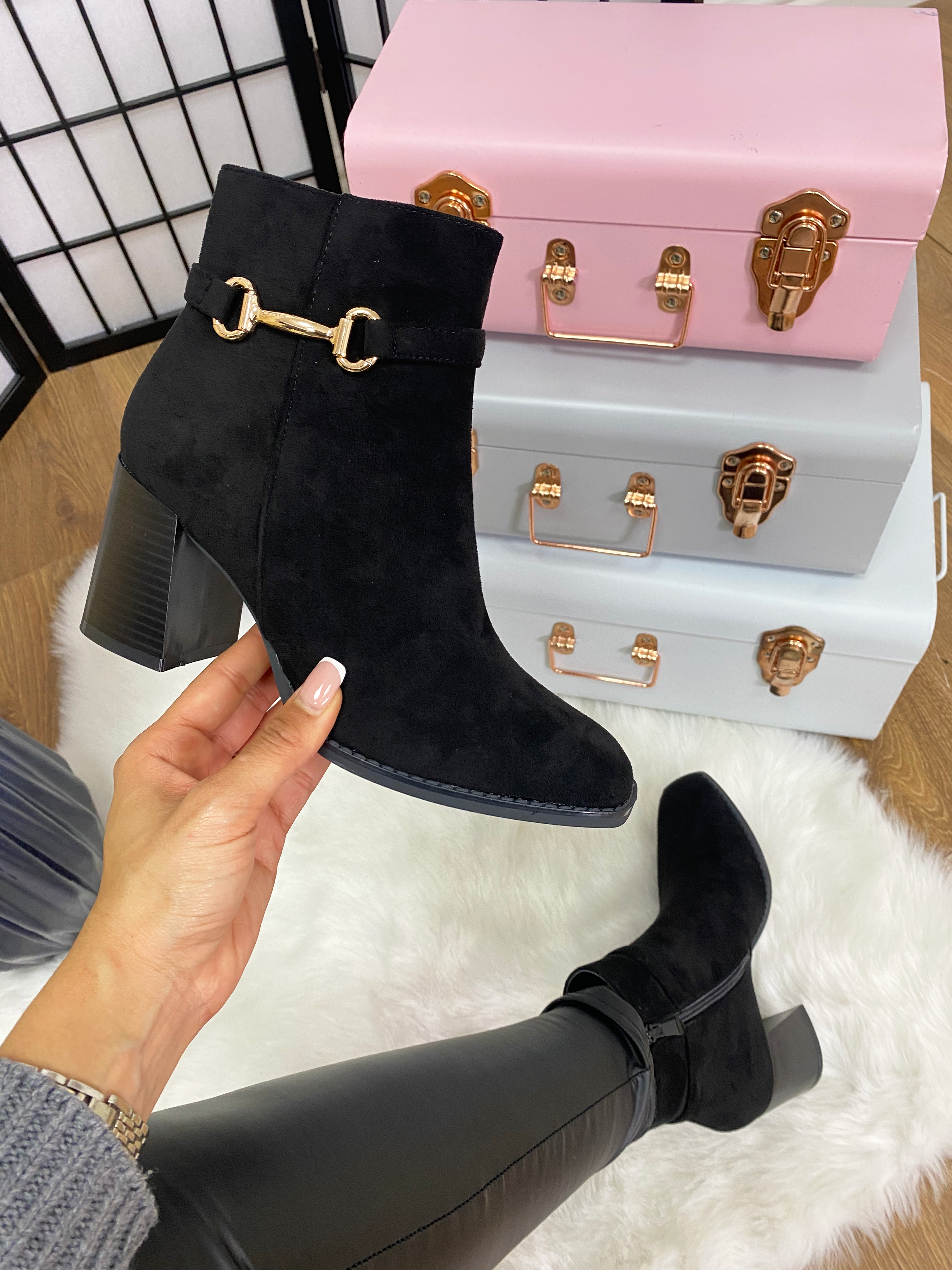 Leandra Black Faux Suede Chain Detail Heeled Boots